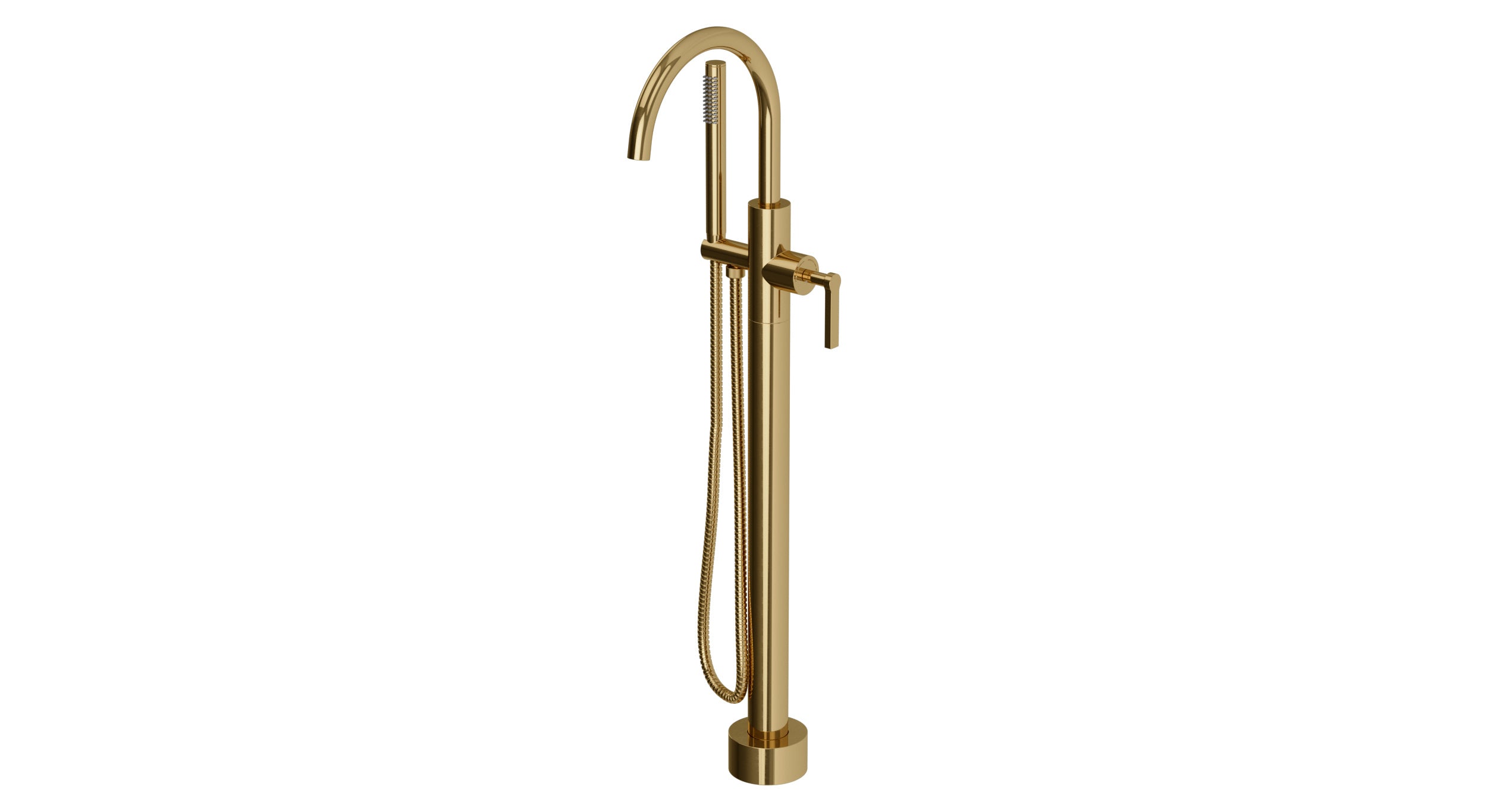 Flatiron One Handle Floor Mount Gooseneck Bath Trim with Hand Shower and Linear Lever Handle in Uncoated Polished Brass