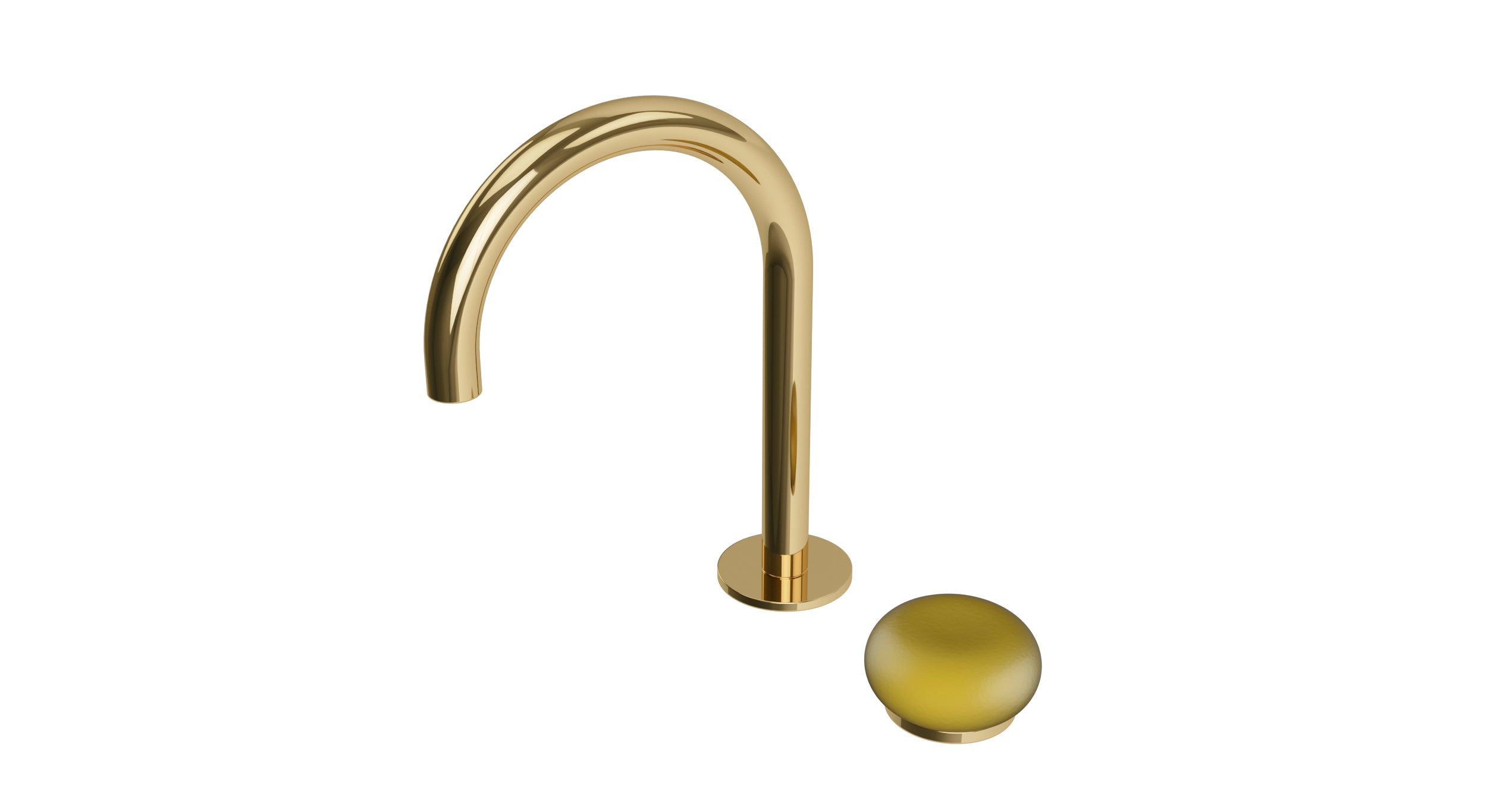 Foundry One Handle Deck Mount Gooseneck Lavatory Faucet with Pebble Ceramic Knob Handle in Polished Brass