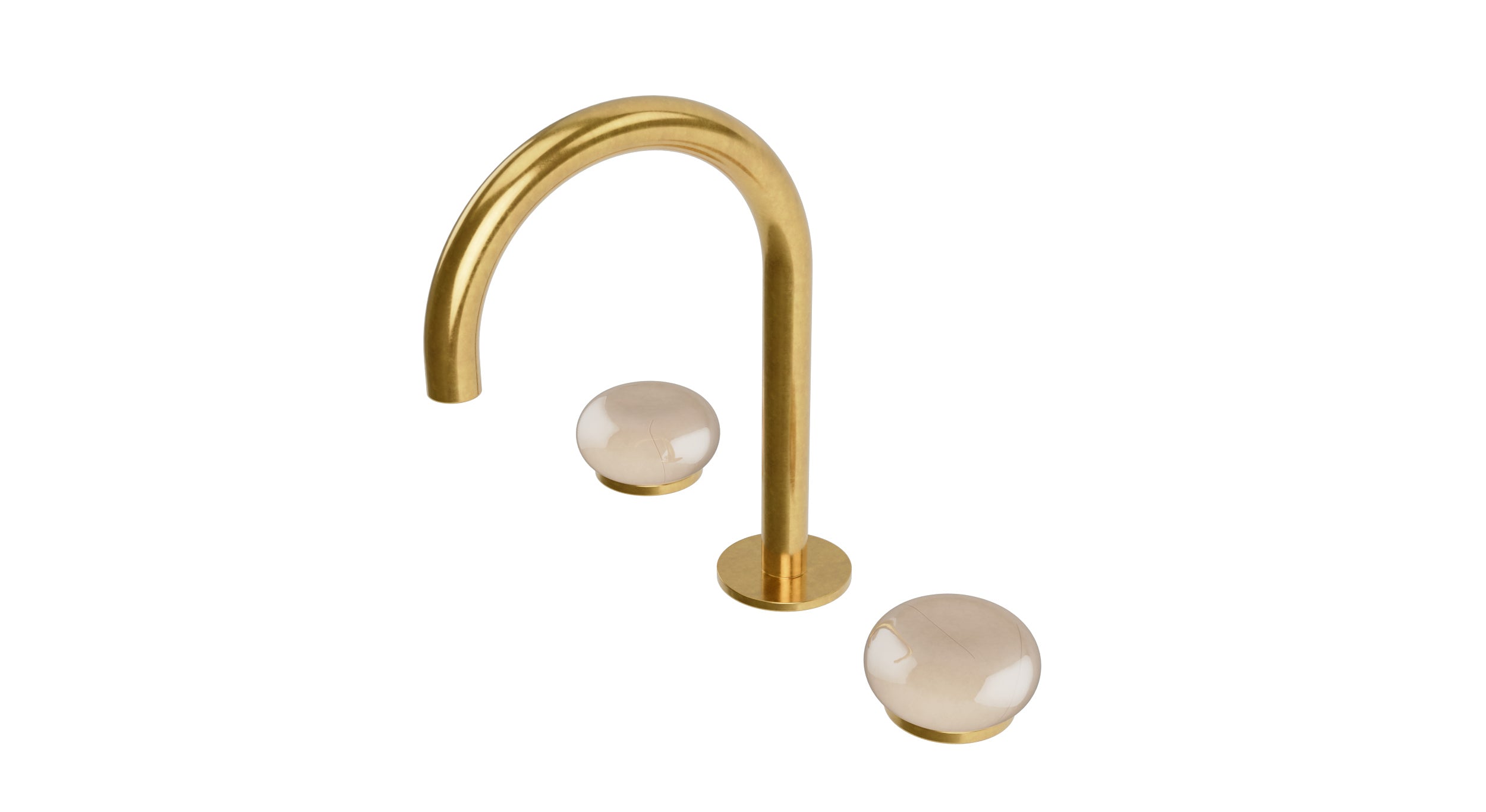 Foundry Two Handle Deck Mount Gooseneck Lavatory Faucet with Pebble Ceramic Knob Handles in French Brass