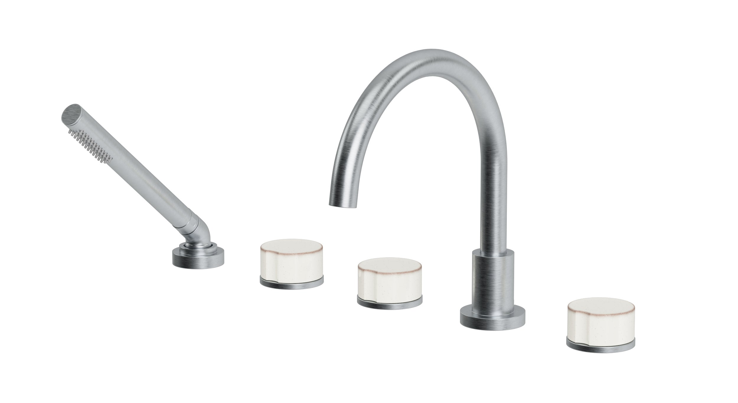 Foundry Three Handle Deck Mount Gooseneck Bath Trim with Hand Shower and Groove Ceramic Knob Handles in Satin Chrome
