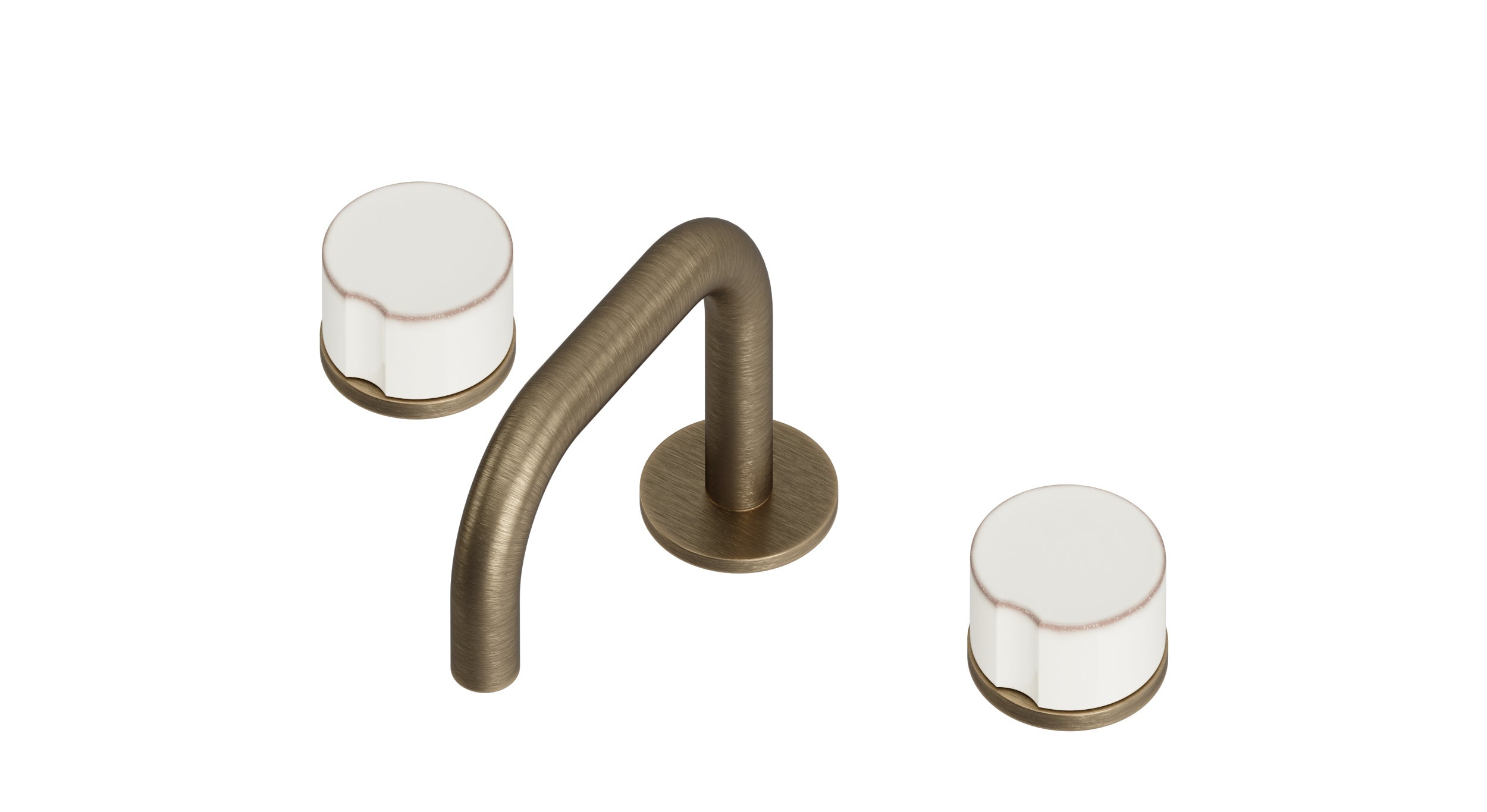 Foundry Two Handle Deck Mount Squaretop Lavatory Faucet with Groove Ceramic Knob Handles in Antique Brass
