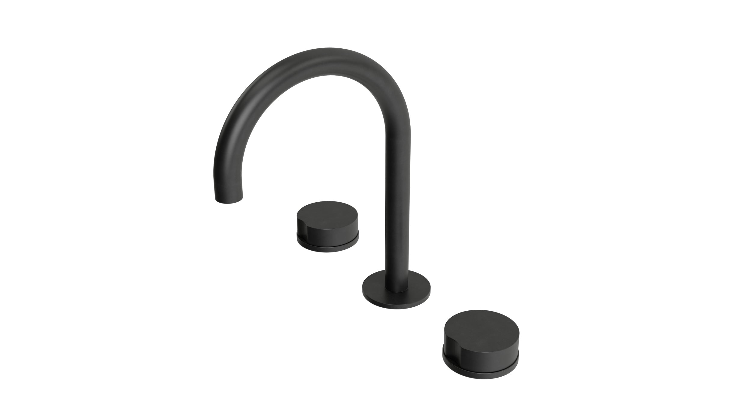 Foundry Two Handle Deck Mount Gooseneck Lavatory Faucet with Barrel Knob Handles