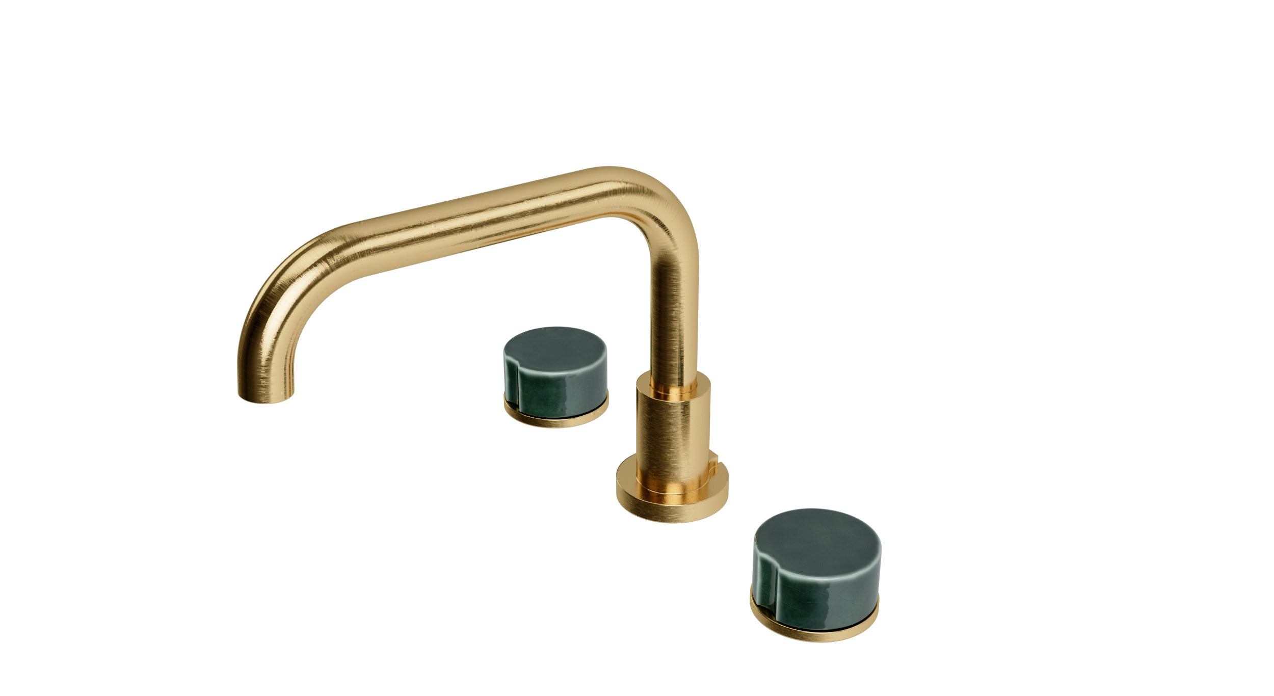 Foundry Two Handle Deck Mount Squaretop Bath Trim with Groove Ceramic Knob Handles in Satin Brass