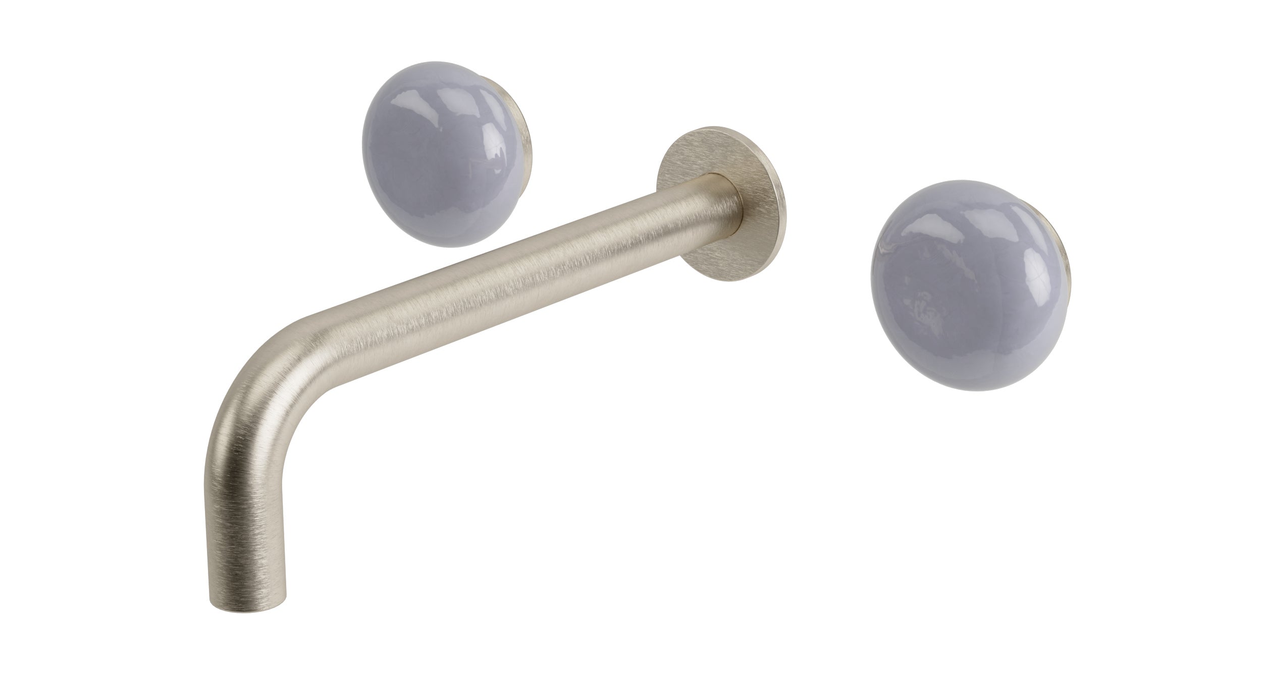 Foundry Two Handle Wall Mount 7.5" Lavatory Faucet with Pebble Ceramic Knob Handles in Satin Nickel