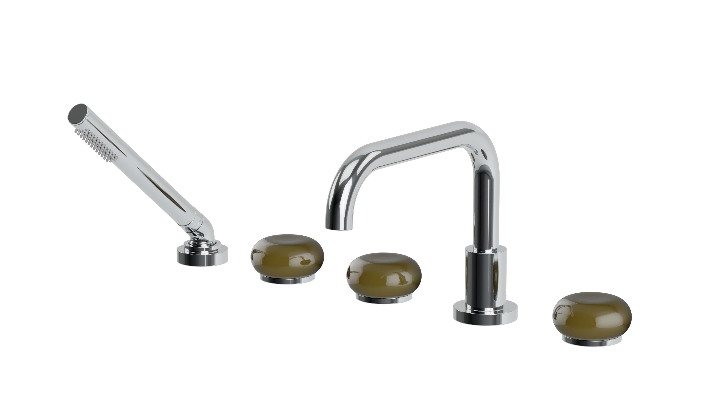 Foundry Three Handle Deck Mount Squaretop Bath Trim with Hand Shower and Pebble Ceramic Knob Handles in Polished Chrome