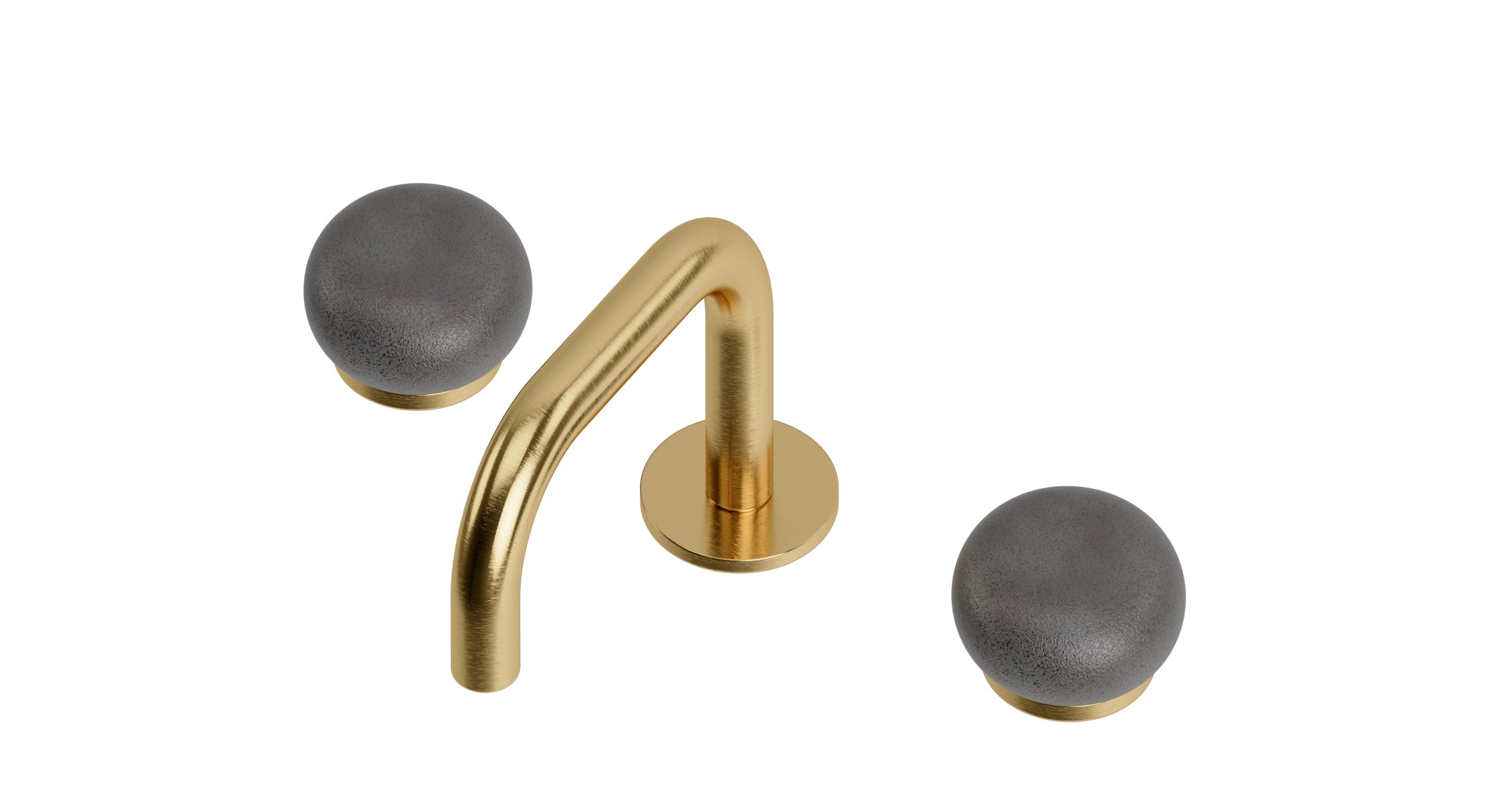 Foundry Two Handle Deck Mount Squaretop Lavatory Faucet with Pebble Ceramic Knob Handles in Satin Brass