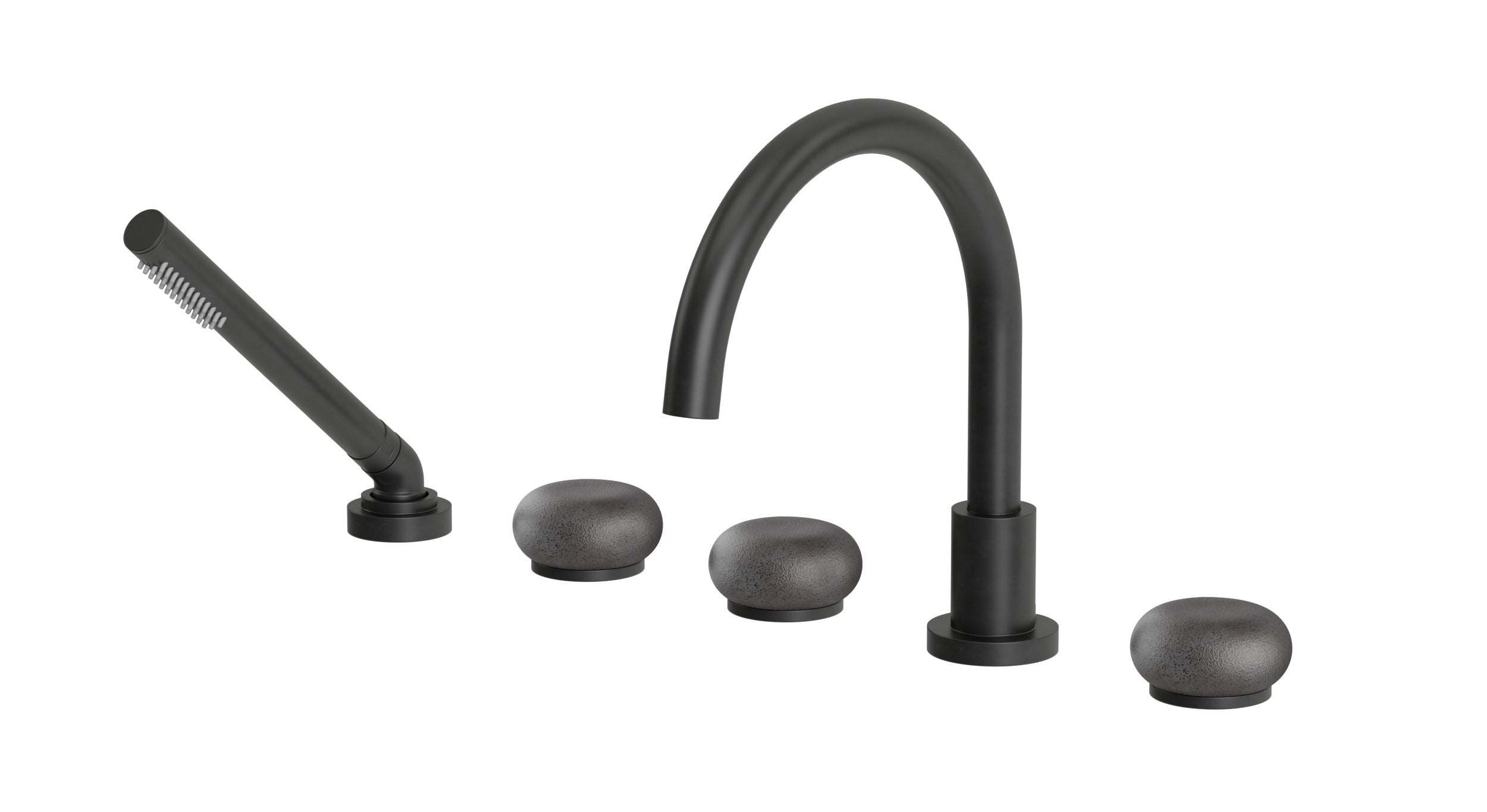 Foundry Three Handle Deck Mount Gooseneck Bath Trim with Hand Shower and Pebble Ceramic Knob Handles in Oil Rubbed Bronze