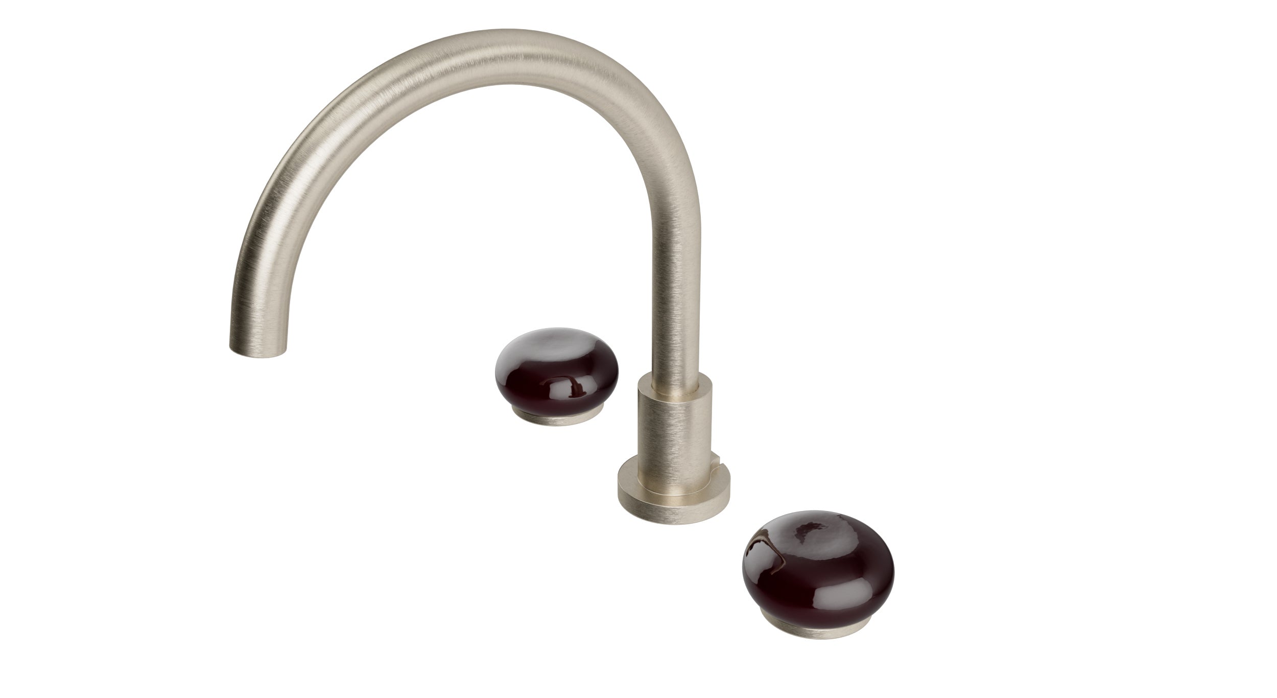 Foundry Two Handle Deck Mount Gooseneck Bath Trim with Pebble Ceramic Knob Handles in Satin Nickel