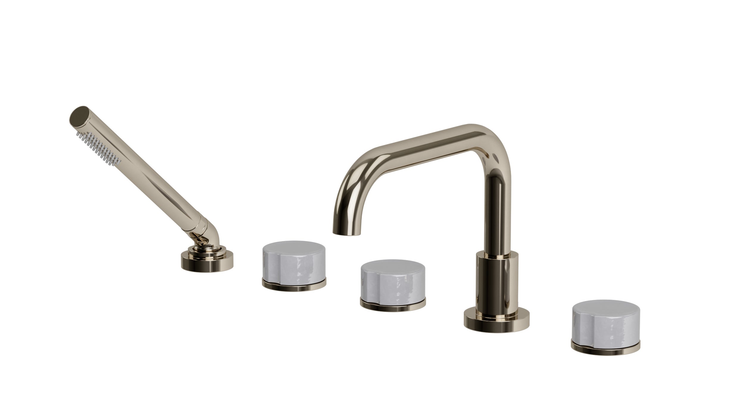 Foundry Three Handle Deck Mount Squaretop Bath Trim with Hand Shower and Groove Ceramic Knob Handles in Polished Nickel