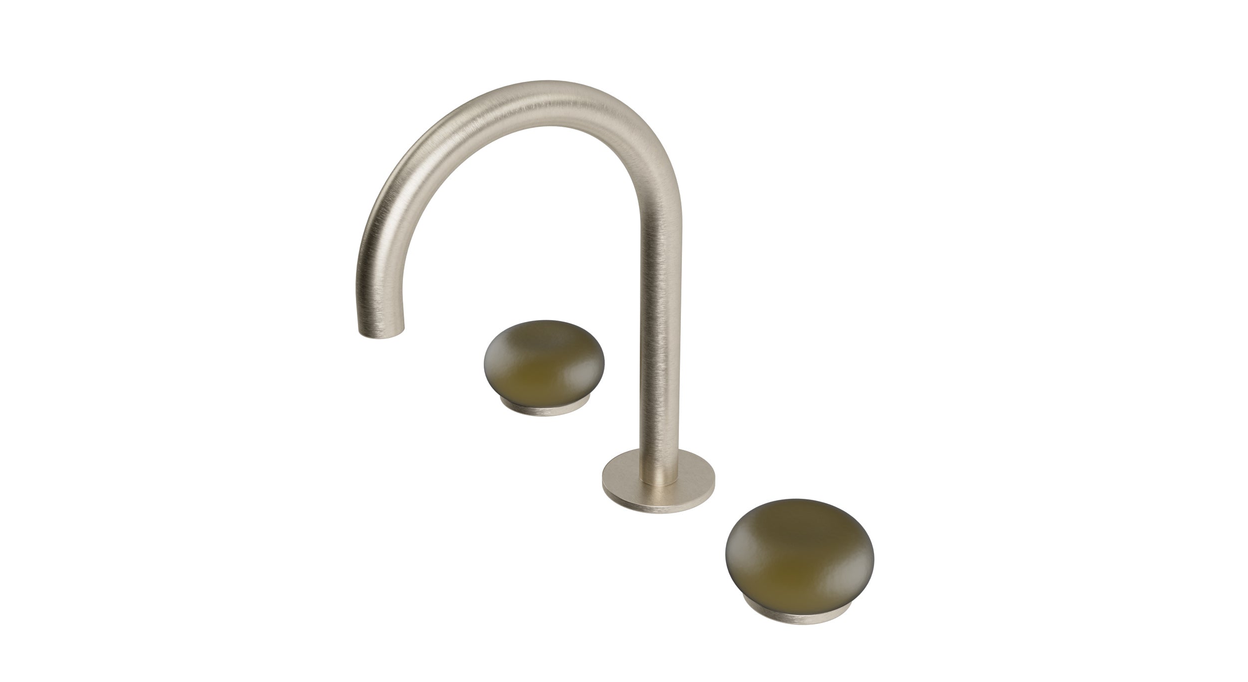 Foundry Two Handle Deck Mount Gooseneck Lavatory Faucet with Pebble Ceramic Knob Handles in Satin Nickel