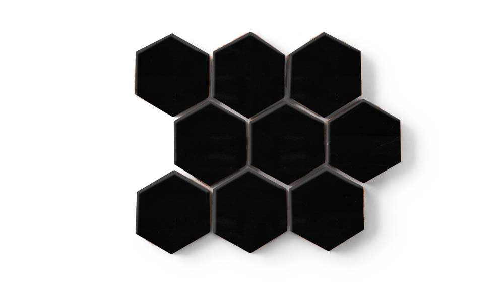 3" Hexagon Sheeted Original Ceramic Mosaic Tile in Raven Gloss