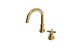 Flatiron One Handle Deck Mount Short Gooseneck Lavatory Faucet with Linear Cross Handle in Satin Brass