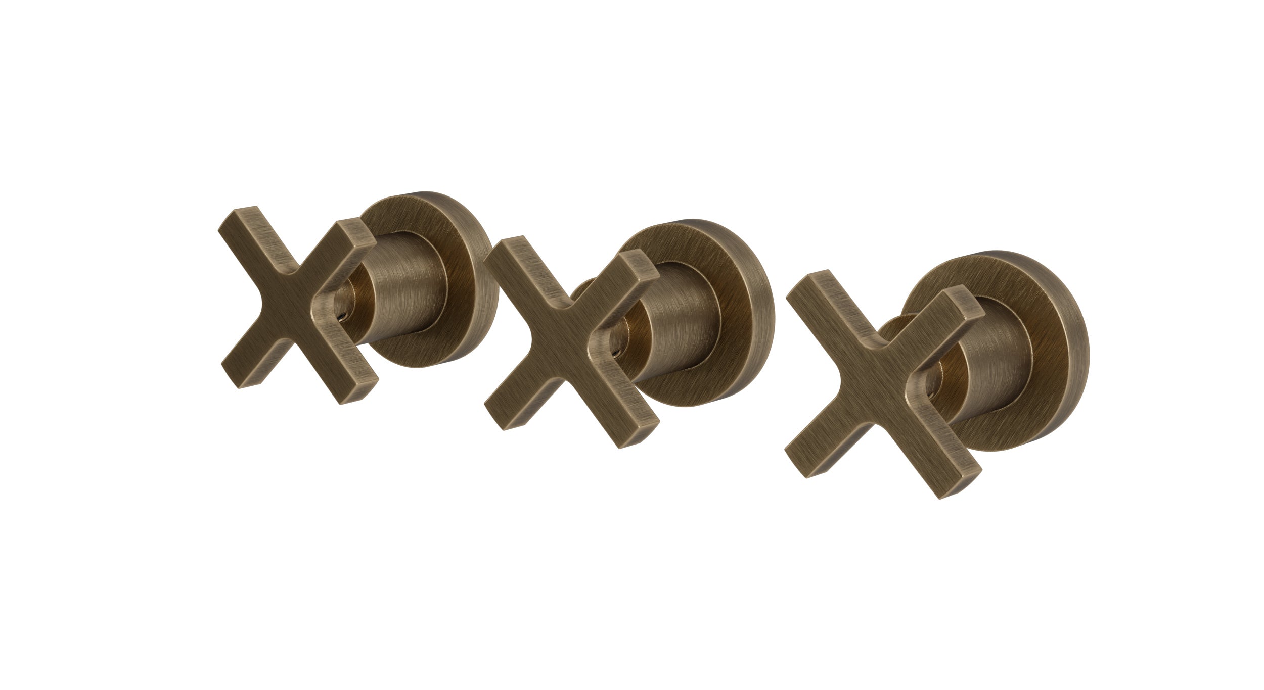 Flatiron Three Handle Wall Mount Bath Trim with Linear Cross Handles in Antique Brass