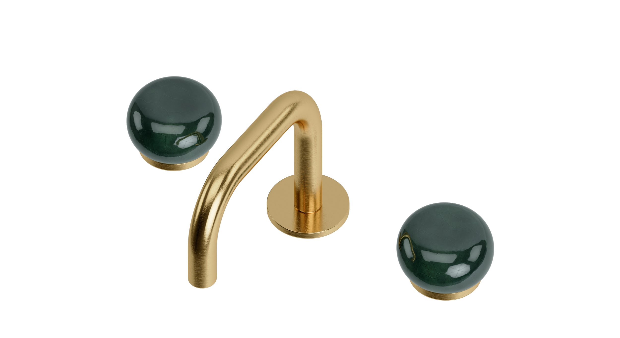 Foundry Two Handle Deck Mount Squaretop Lavatory Faucet with Pebble Ceramic Knob Handles in Satin Brass