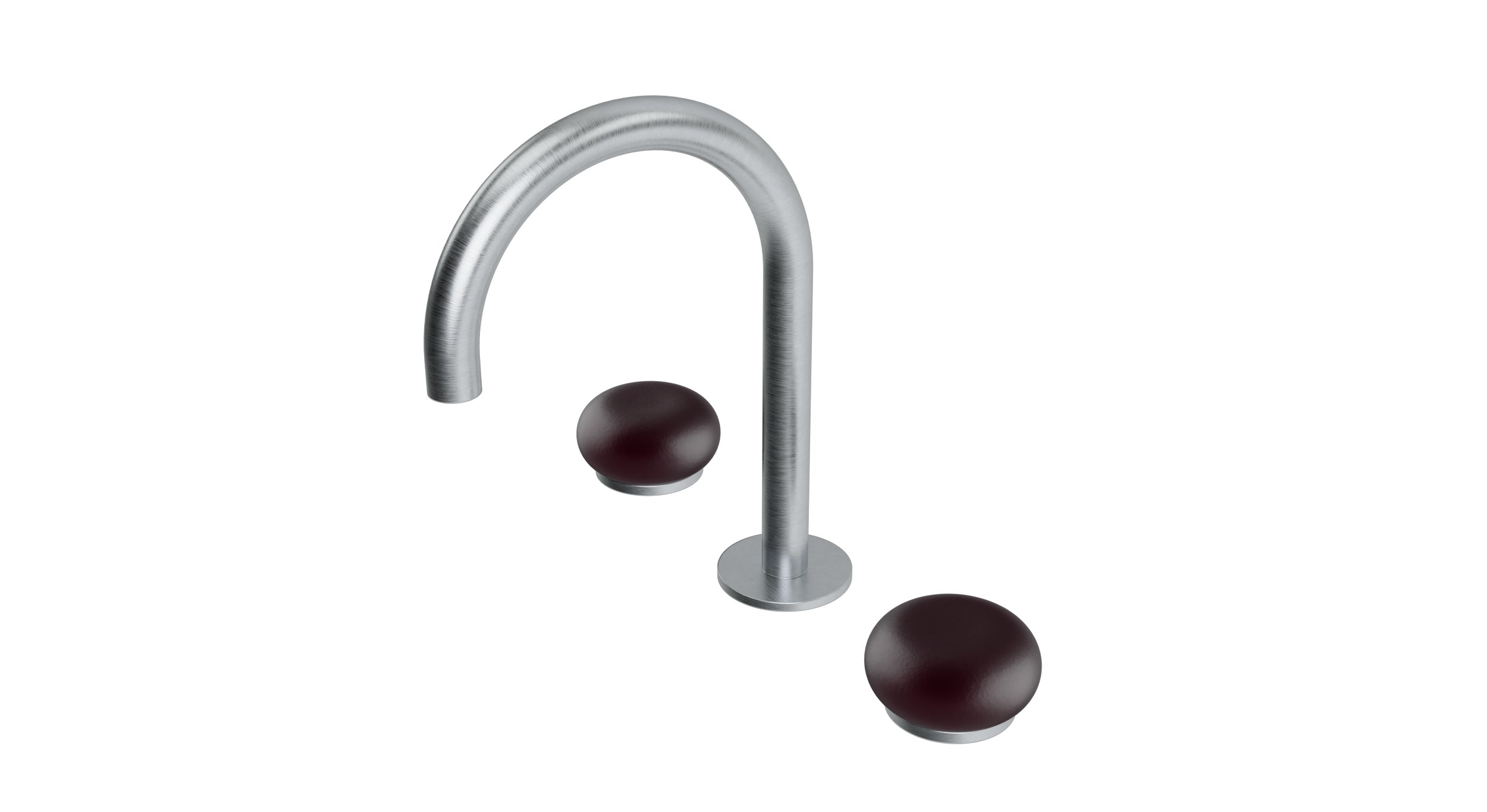 Foundry Two Handle Deck Mount Gooseneck Lavatory Faucet with Pebble Ceramic Knob Handles in Satin Chrome