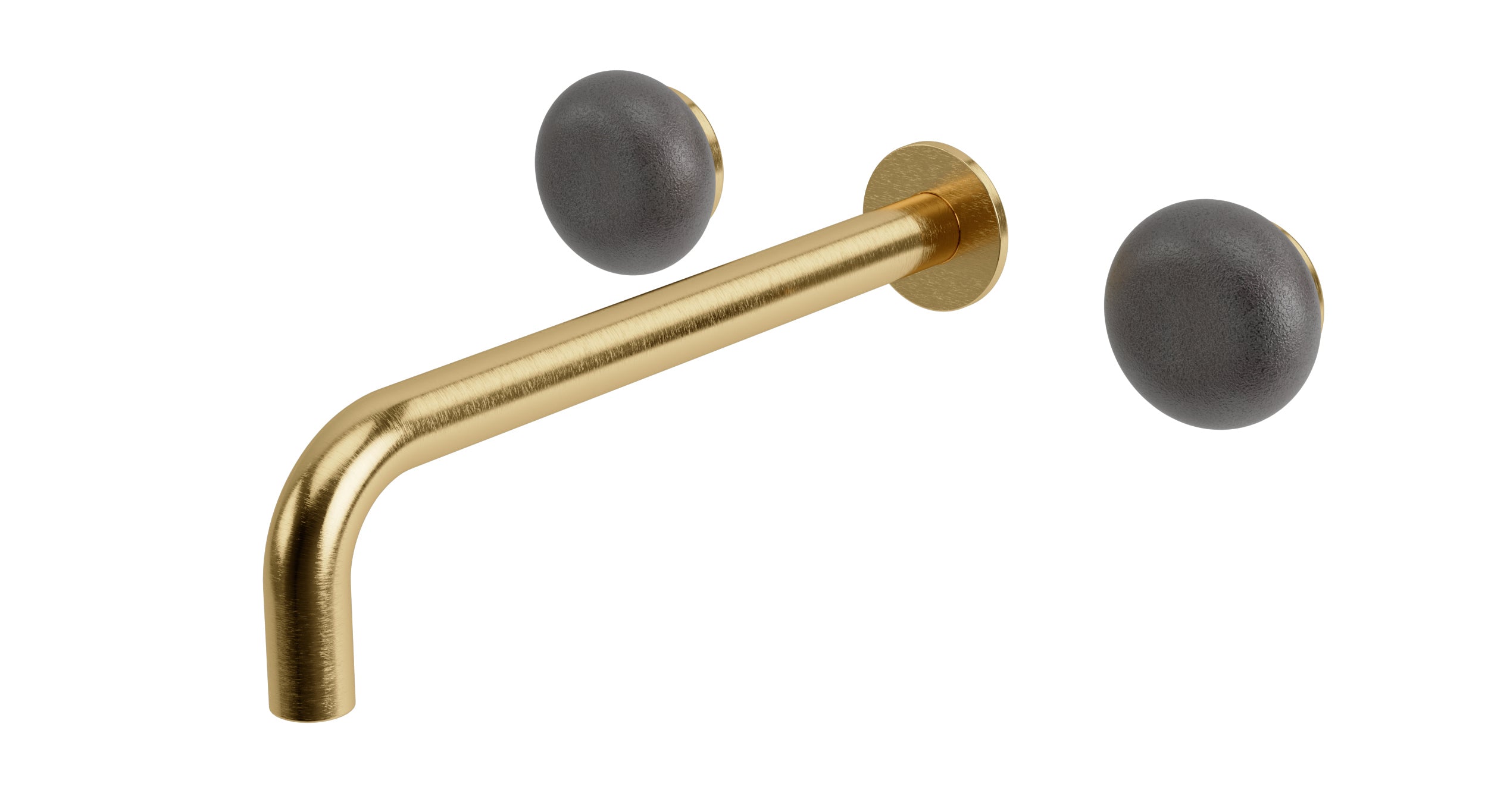 Foundry Two Handle Wall Mount 10" Lavatory Faucet with Pebble Ceramic Knob Handles in Satin Brass