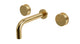 Foundry Two Handle Wall Mount 7.5" Lavatory Faucet with Barrel Knob Handles in Satin Brass