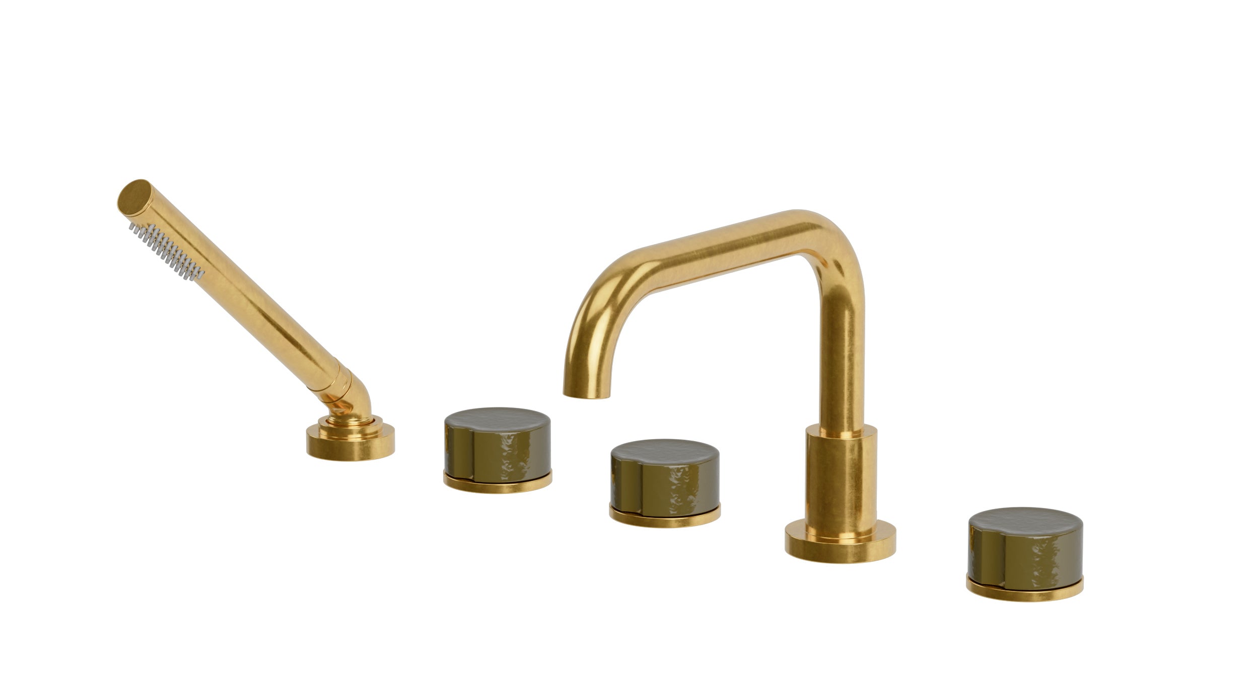 Foundry Three Handle Deck Mount Squaretop Bath Trim with Hand Shower and Groove Ceramic Knob Handles in French Brass