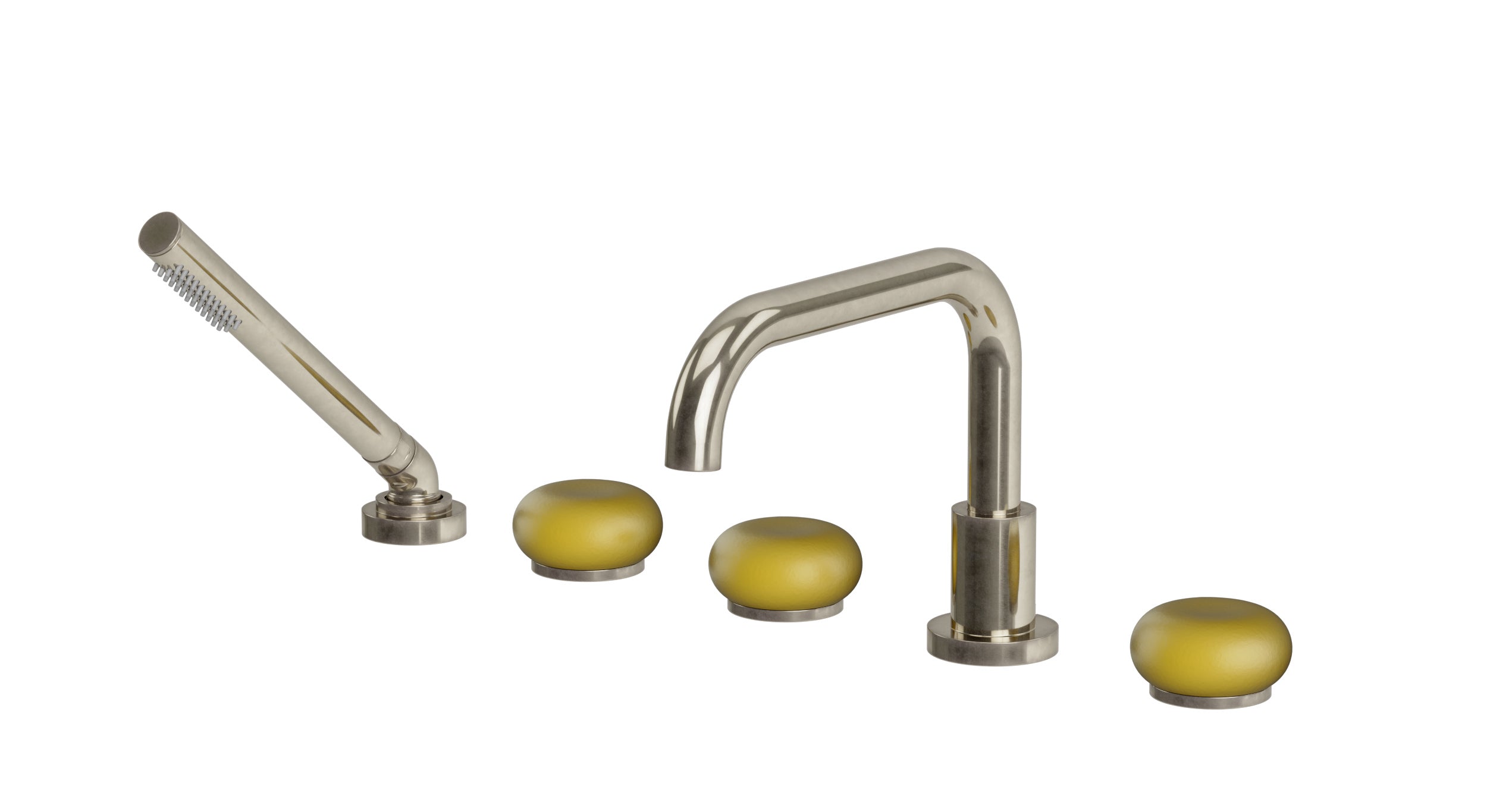 Foundry Three Handle Deck Mount Squaretop Bath Trim with Hand Shower and Pebble Ceramic Knob Handles in French Nickel