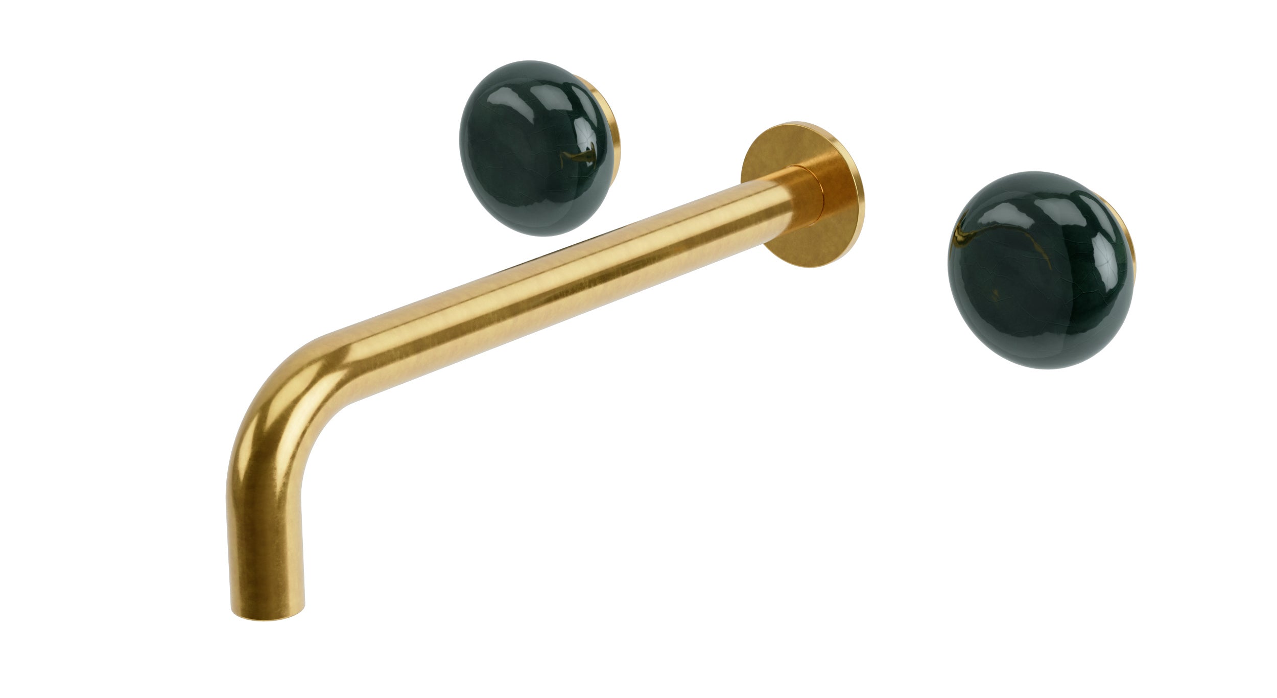 Foundry Two Handle Wall Mount 10" Lavatory Faucet with Pebble Ceramic Knob Handles in French Brass