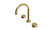 Foundry Two Handle Deck Mount Gooseneck Lavatory Faucet with Barrel Knob Handles in Satin Brass