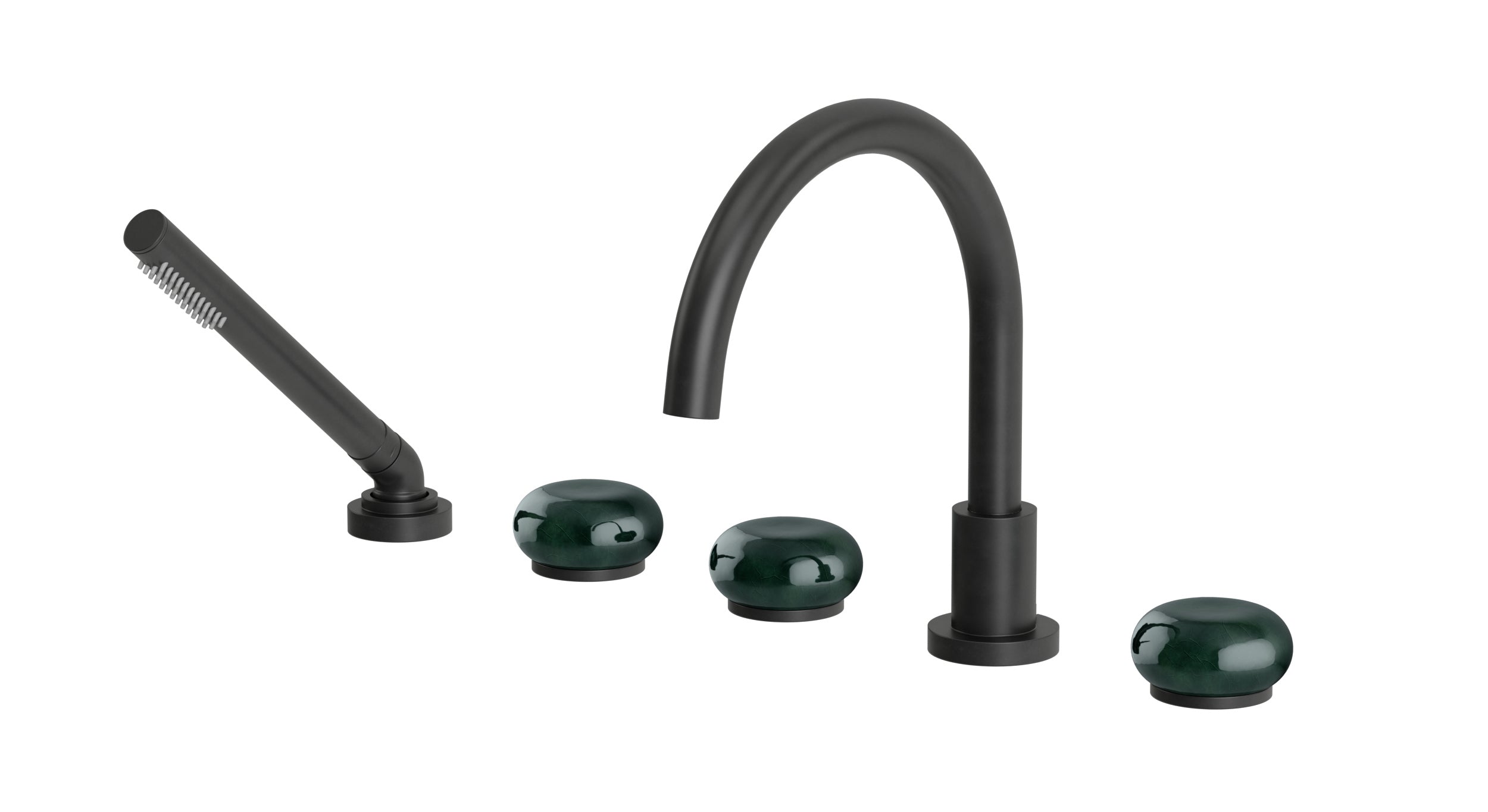 Foundry Three Handle Deck Mount Gooseneck Bath Trim with Hand Shower and Pebble Ceramic Knob Handles in Oil Rubbed Bronze