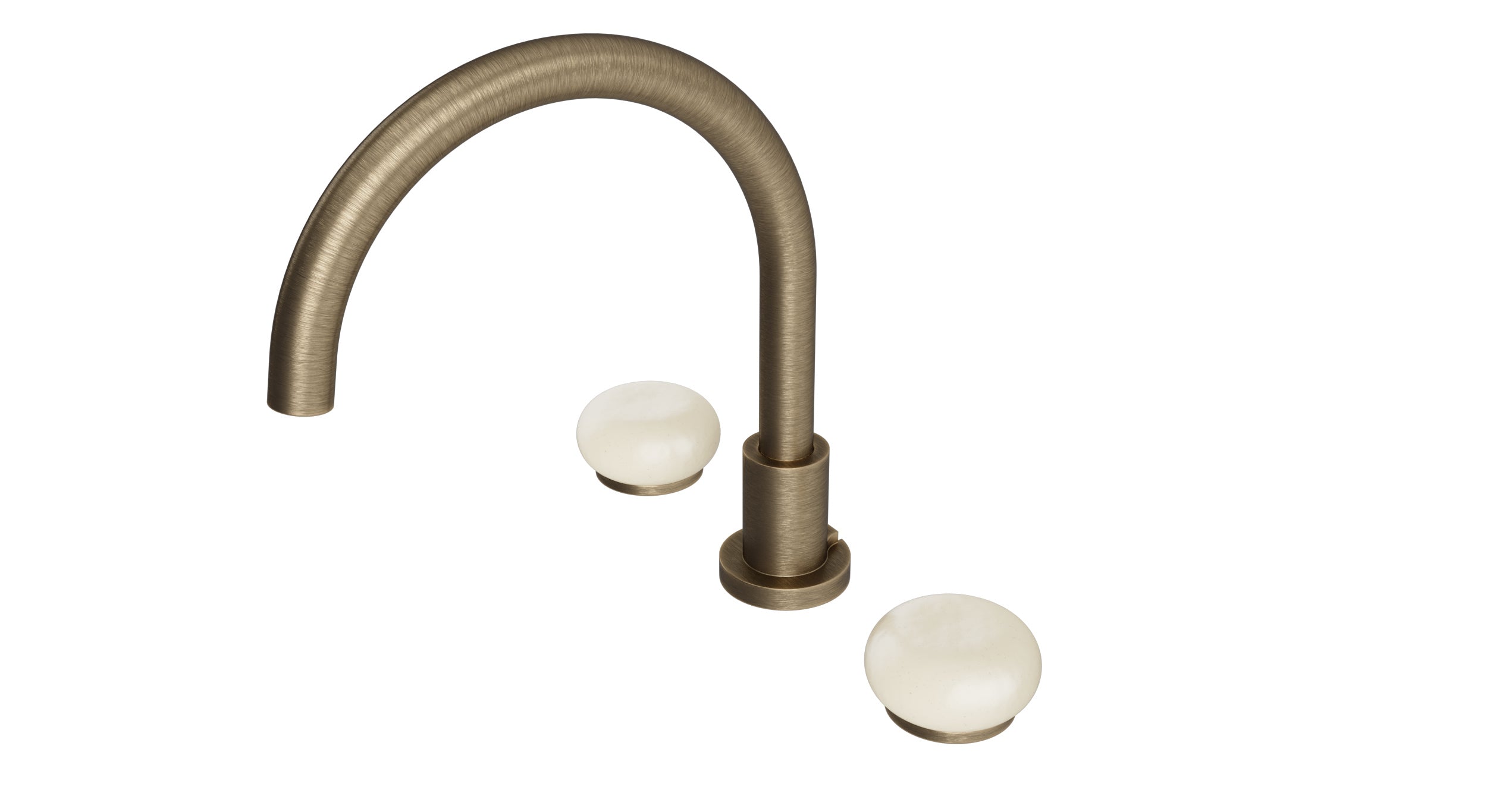 Foundry Two Handle Deck Mount Gooseneck Bath Trim with Pebble Ceramic Knob Handles in Antique Brass