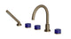 Foundry Three Handle Deck Mount Gooseneck Bath Trim with Hand Shower and Groove Ceramic Knob Handles in Antique Brass