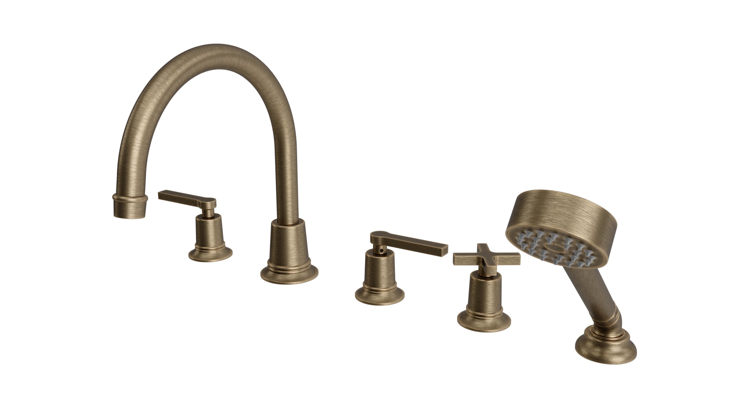 Emerson Three Handle Deck Mount Gooseneck Bath Trim with Hand Shower and Classic Cross/Classic Lever Handles in Antique Brass