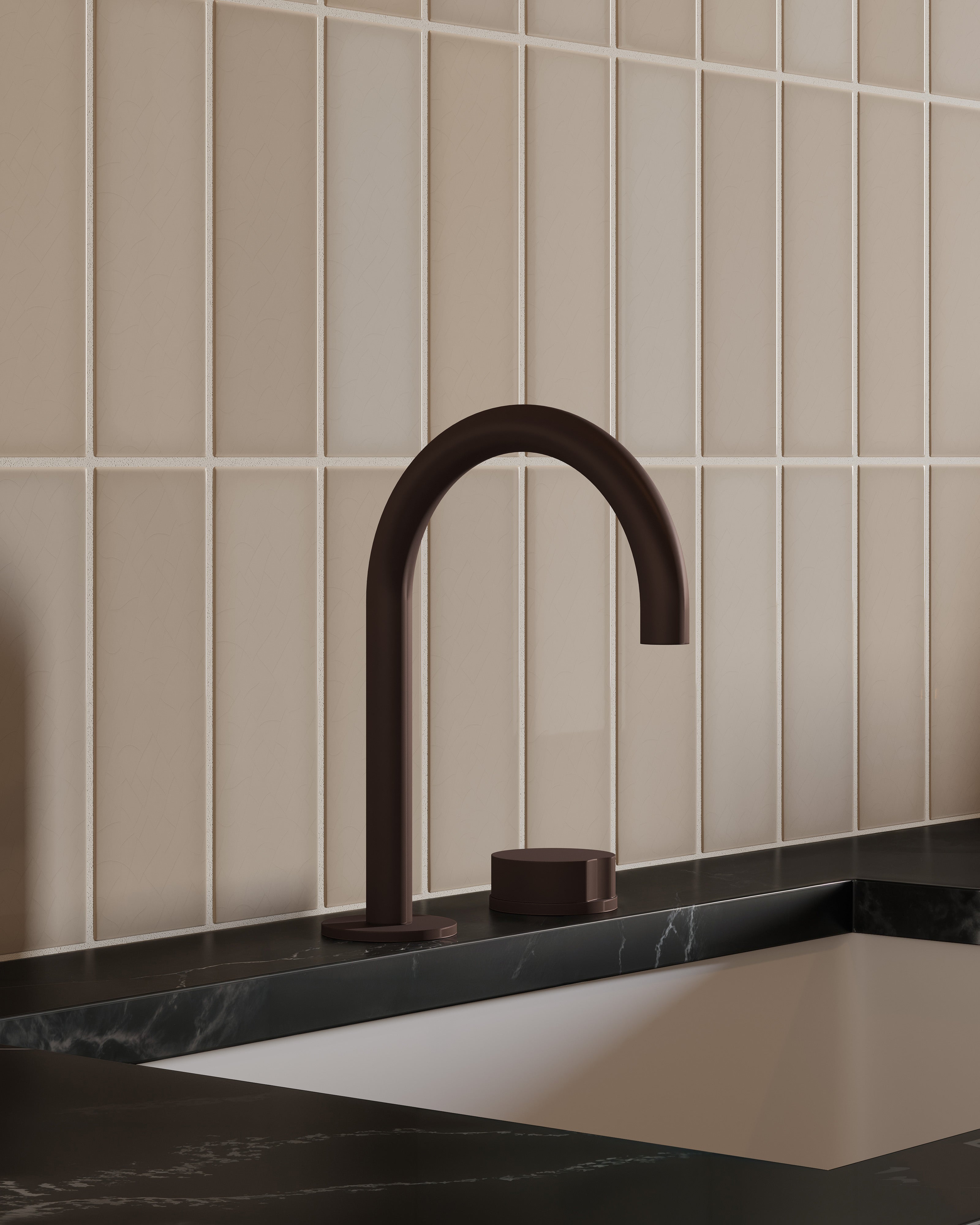 Foundry One Handle Deck Mount Gooseneck Lavatory Faucet with Barrel Knob Handle in Architectural Copper