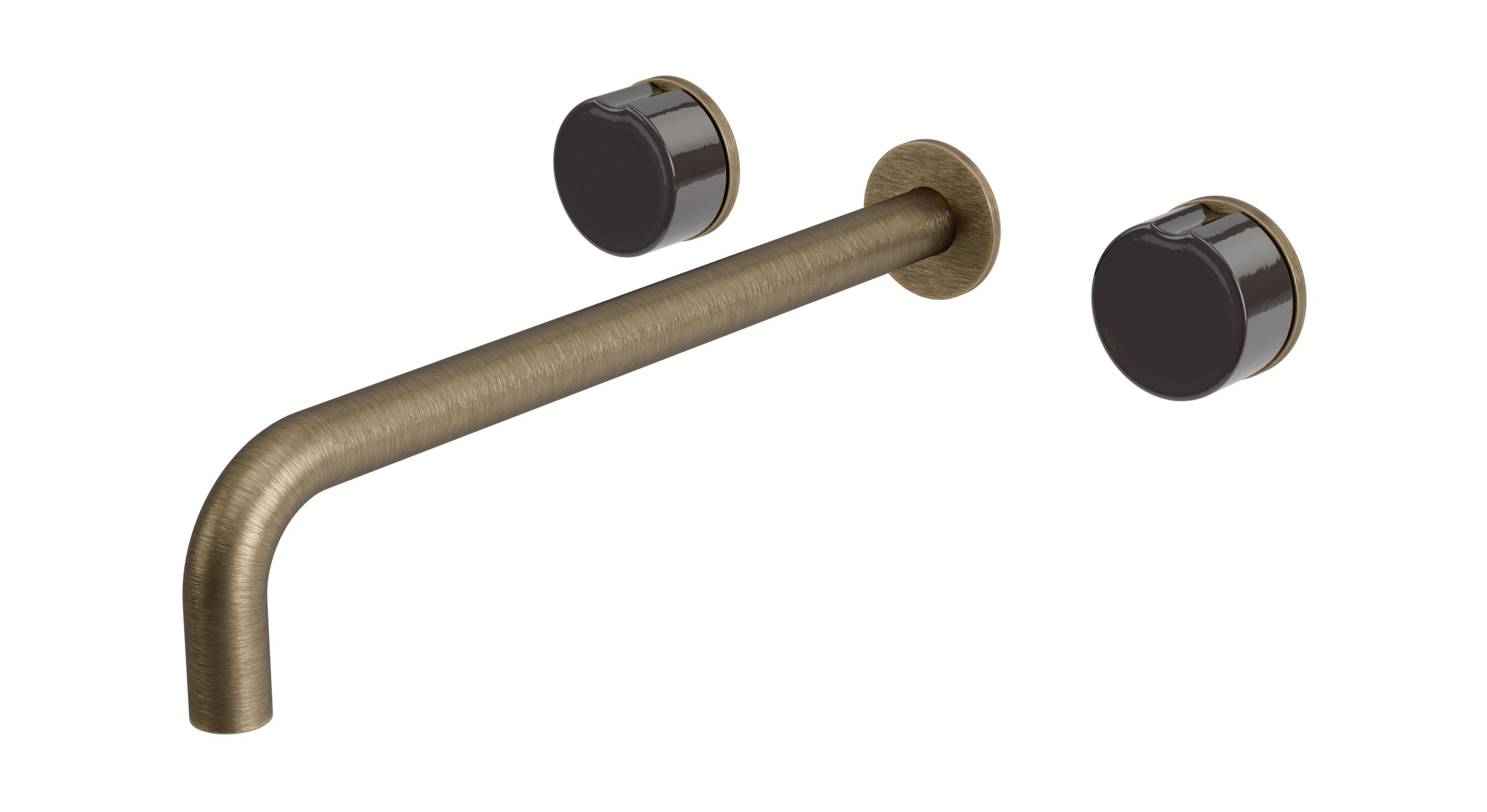Foundry Two Handle Wall Mount 12" Lavatory Faucet with Groove Ceramic Knob Handles in Antique Brass