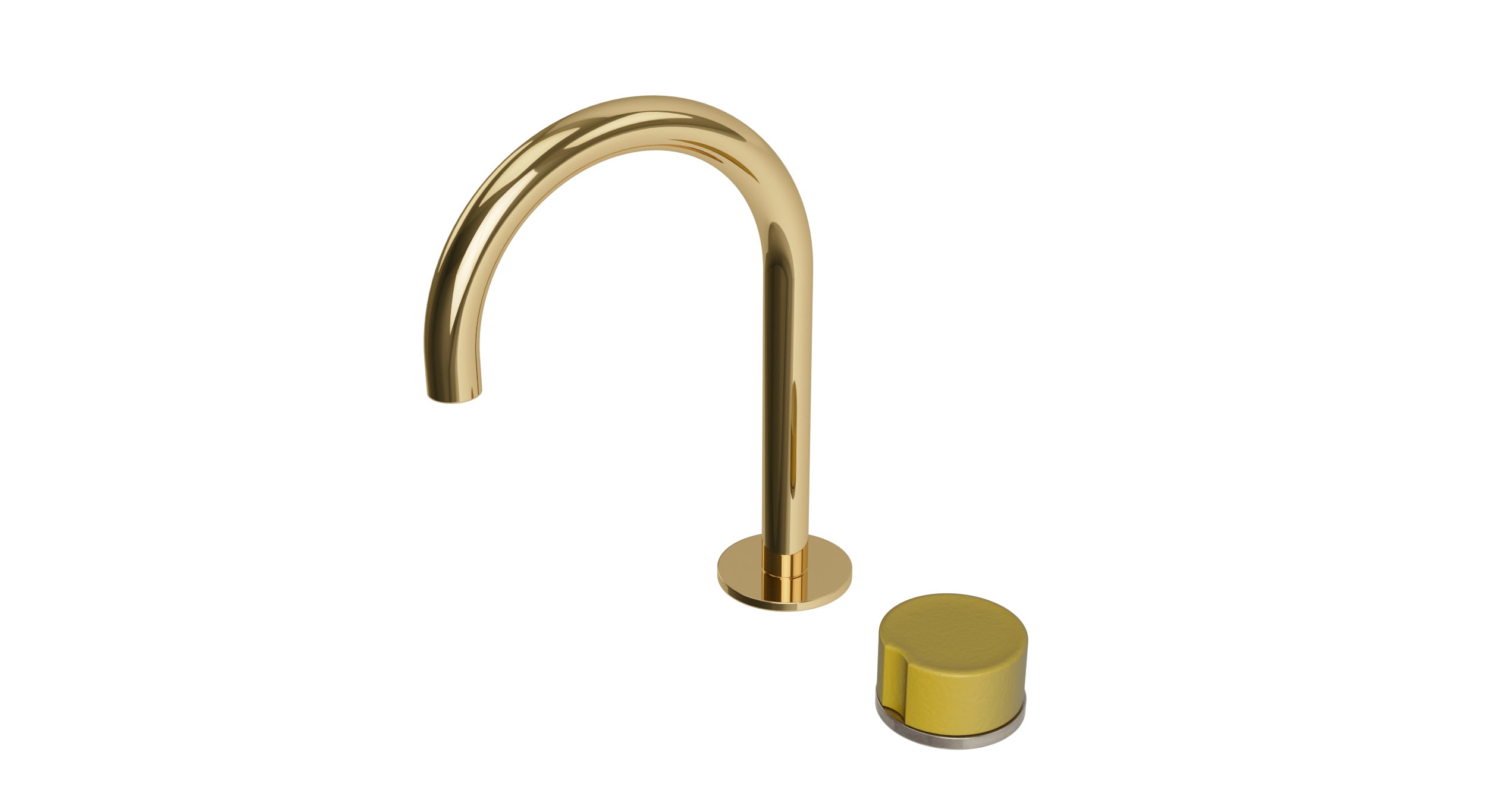 Foundry One Handle Deck Mount Gooseneck Lavatory Faucet with Groove Ceramic Knob Handle in Polished Brass