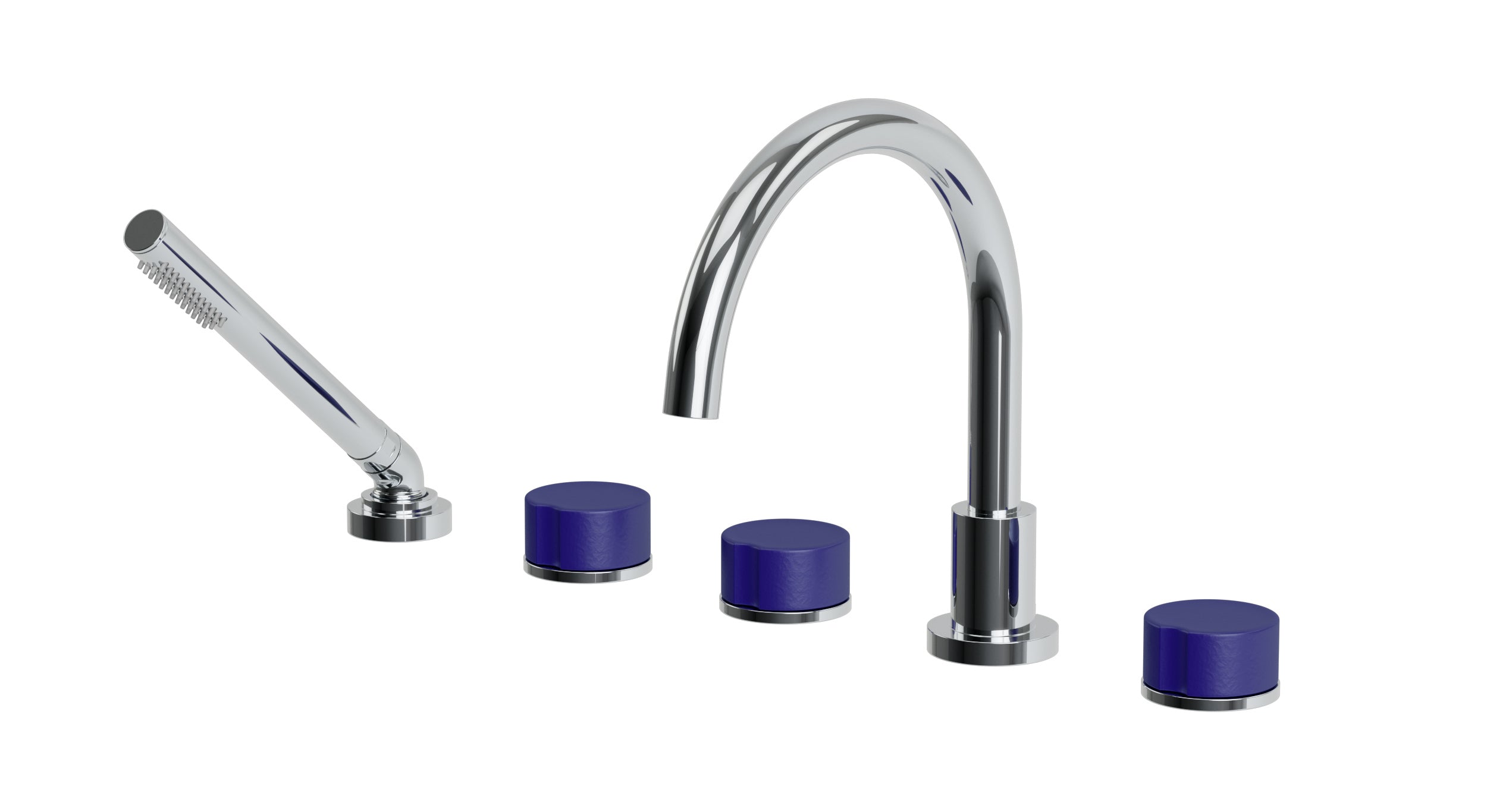 Foundry Three Handle Deck Mount Gooseneck Bath Trim with Hand Shower and Groove Ceramic Knob Handles