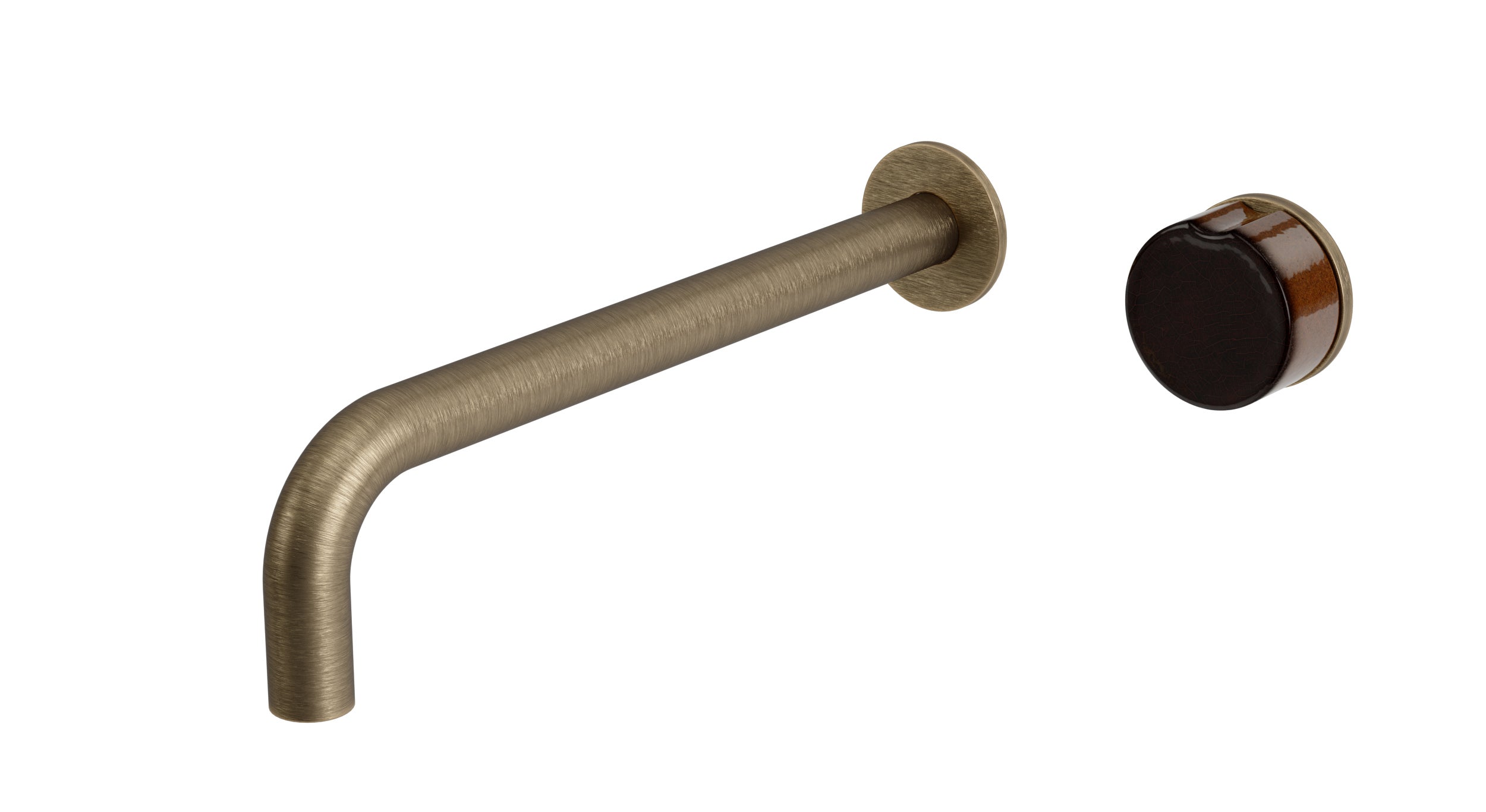 Foundry One Handle Wall Mount 10" Lavatory Faucet with Groove Ceramic Knob Handle in Antique Brass