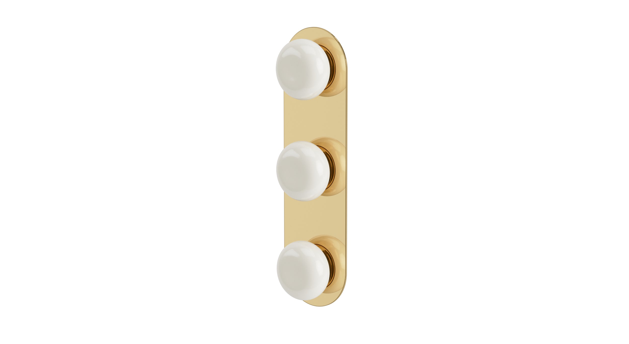 Foundry Three Handle Wall Mount Shower Trim with Pebble Ceramic Knob Handles in Polished Brass