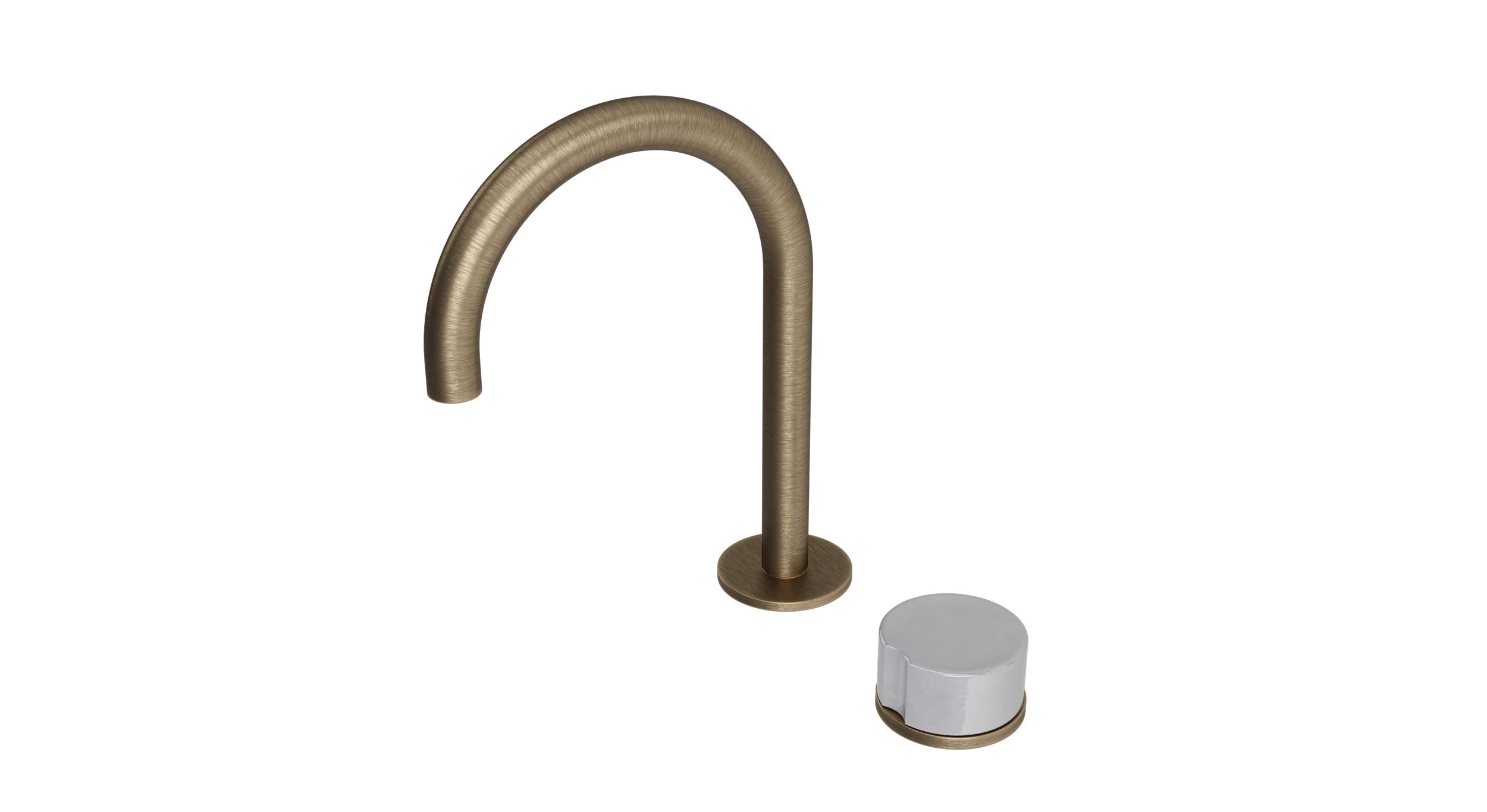 Foundry One Handle Deck Mount Gooseneck Lavatory Faucet with Groove Ceramic Knob Handle in Antique Brass