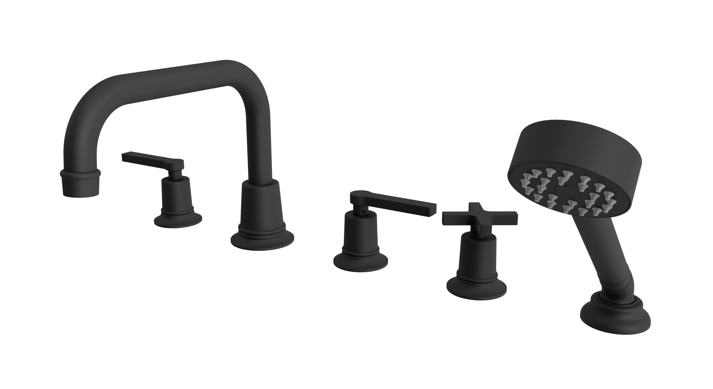 Emerson Three Handle Deck Mount Squaretop Bath Trim with Hand Shower and Classic Cross/Classic Lever Handles in Matte Black