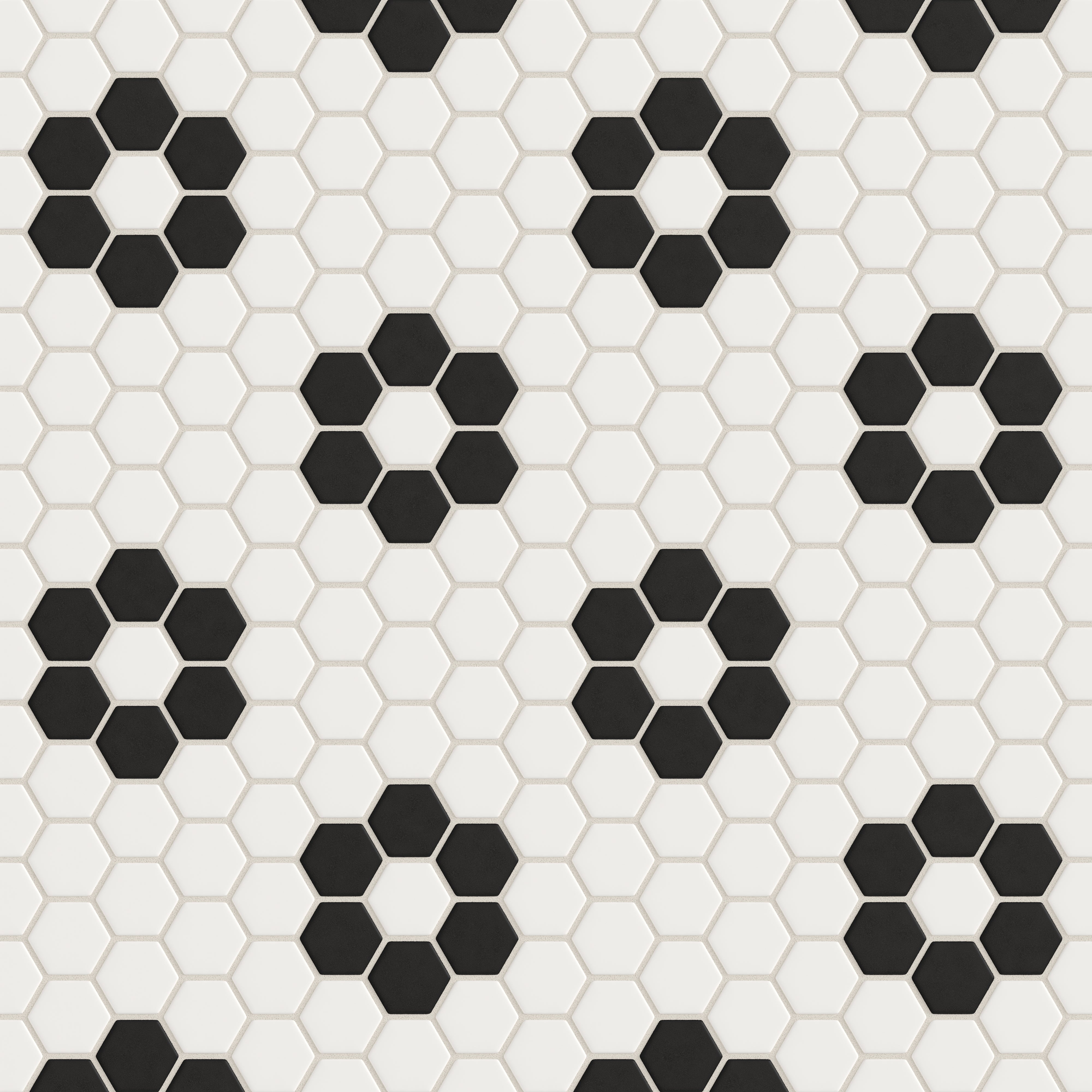 2" Hexagon Double Daisy Sheeted Original Ceramic Tile in Calcite Matte & Raven Matte