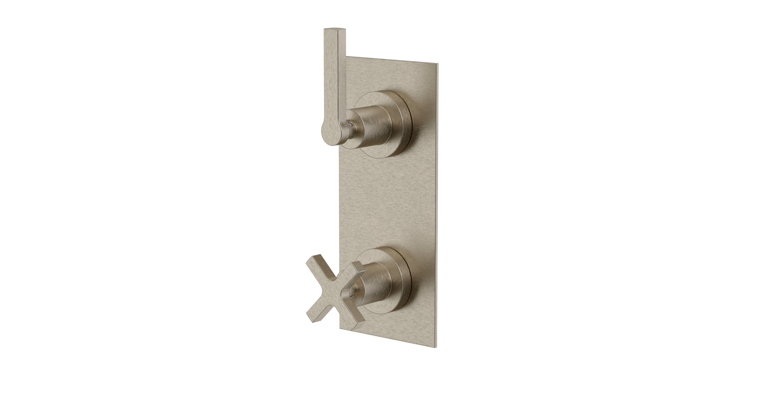 Flatiron Two Handle Wall Mount Shower Trim with Linear Cross/Linear Lever Handles in Satin Nickel