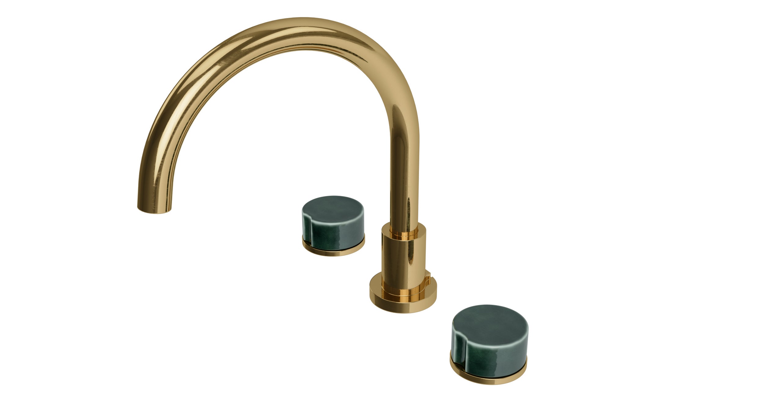 Foundry Two Handle Deck Mount Gooseneck Bath Trim with Groove Ceramic Knob Handles in Uncoated Polished Brass