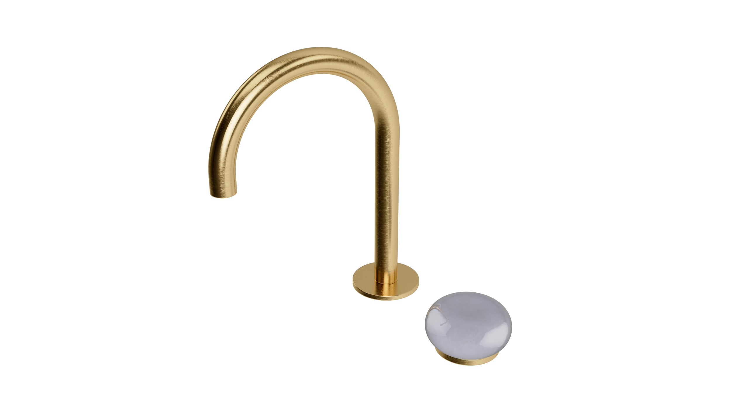 Foundry One Handle Deck Mount Gooseneck Lavatory Faucet with Pebble Ceramic Knob Handle in Satin Brass