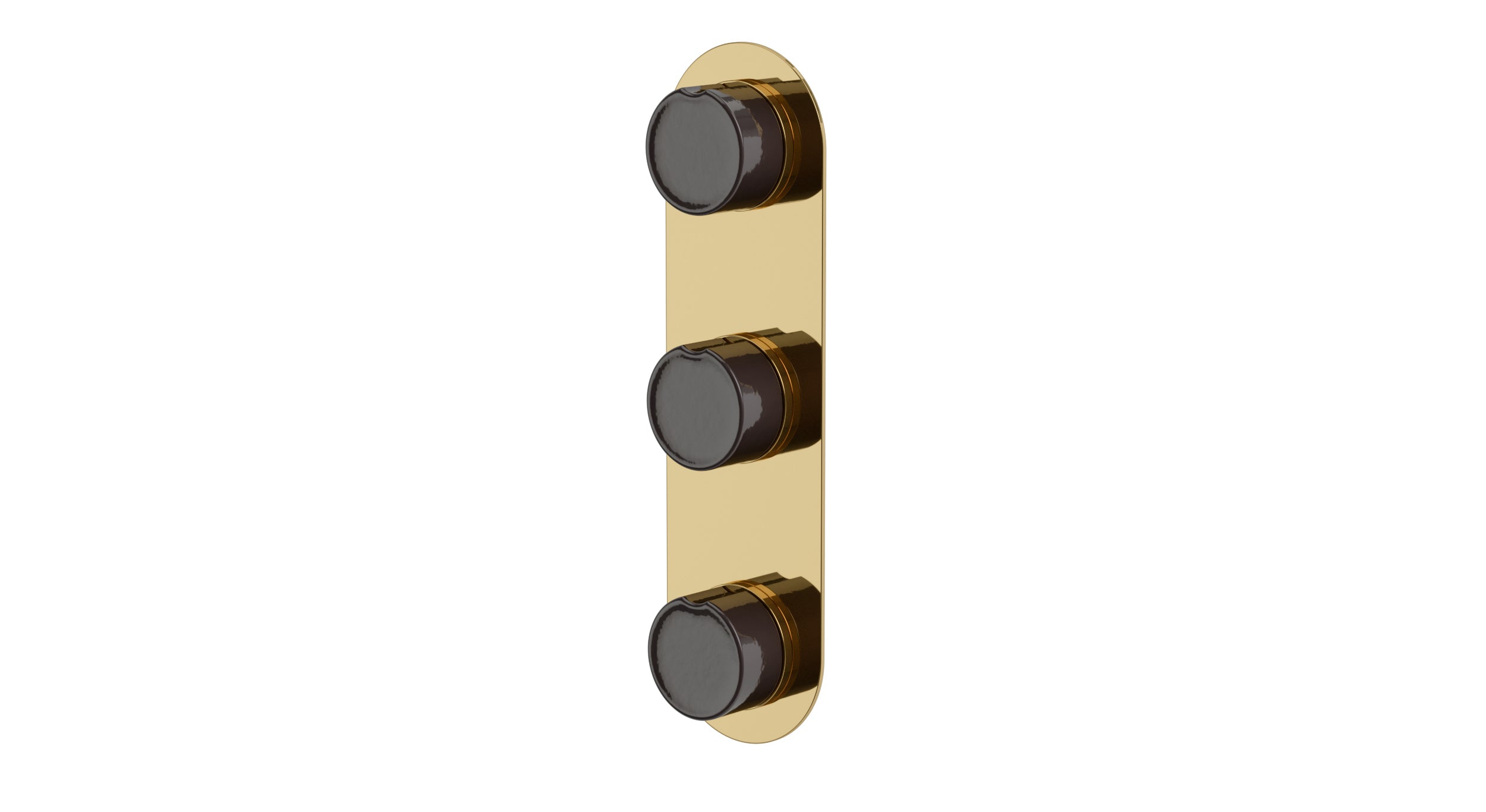 Foundry Three Handle Wall Mount Shower Trim with Groove Ceramic Knob Handles in Polished Brass