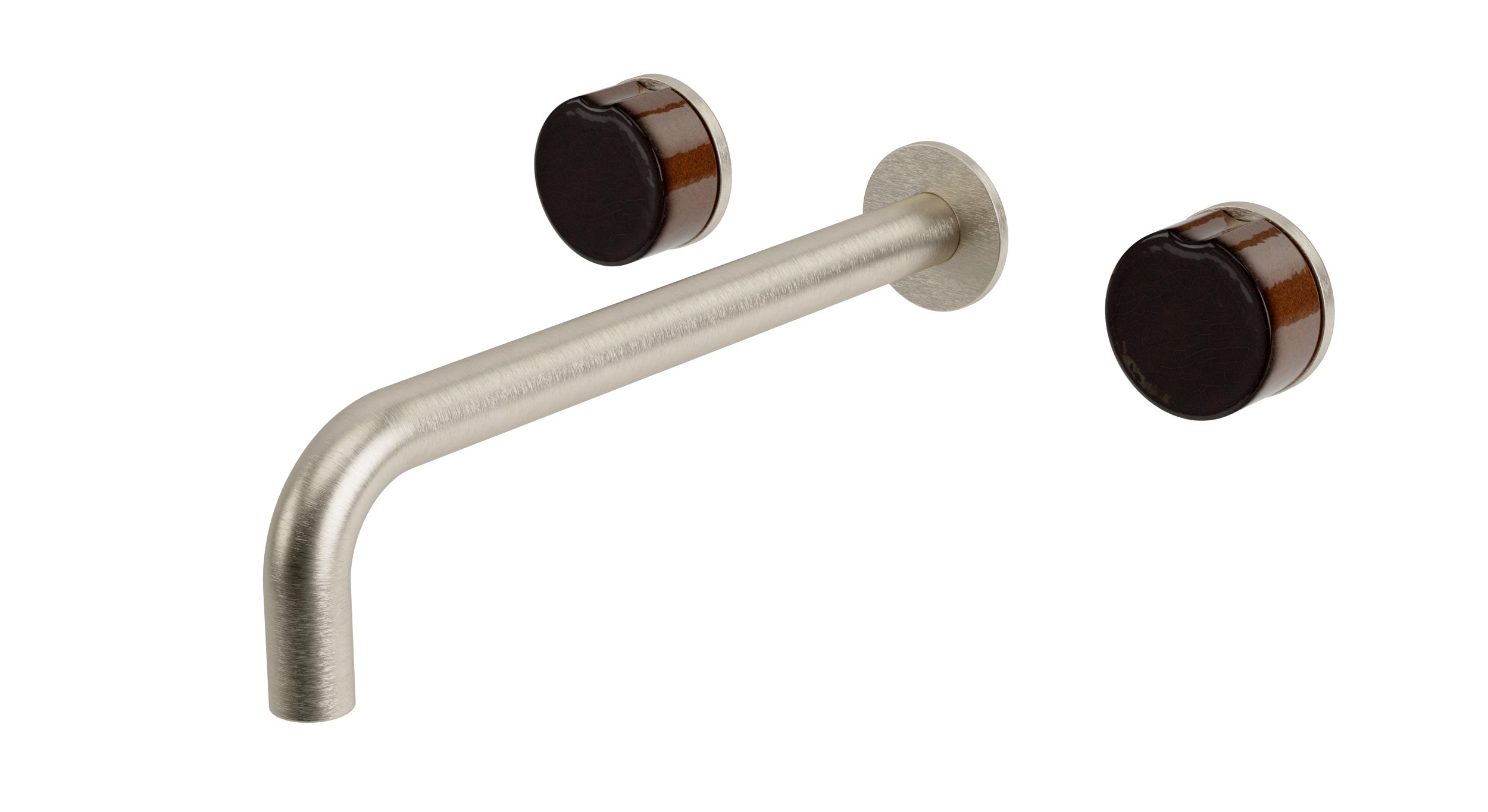 Foundry Two Handle Wall Mount 10" Lavatory Faucet with Groove Ceramic Knob Handles in Satin Nickel