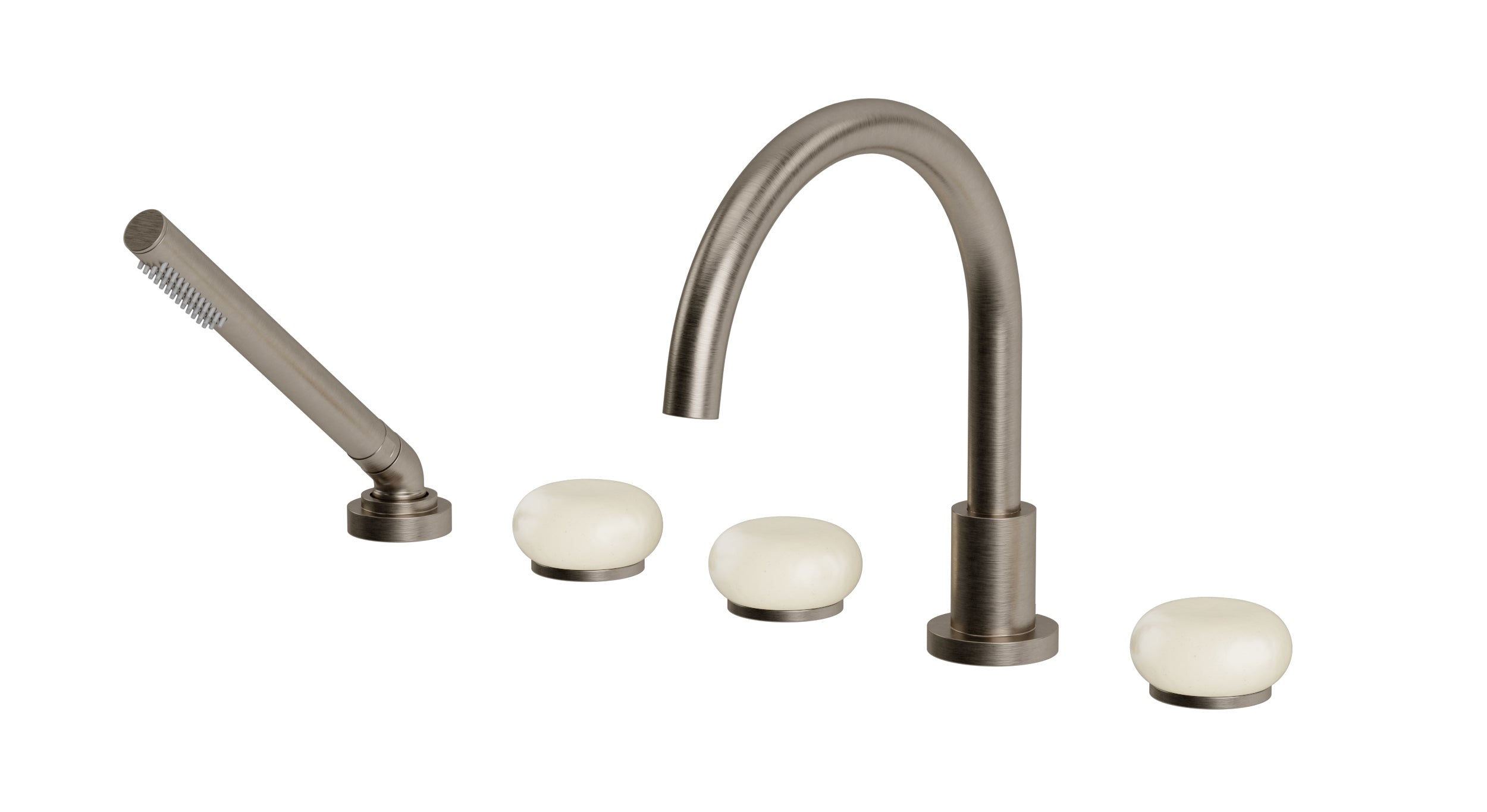 Foundry Three Handle Deck Mount Gooseneck Bath Trim with Hand Shower and Pebble Ceramic Knob Handles in Antique Nickel