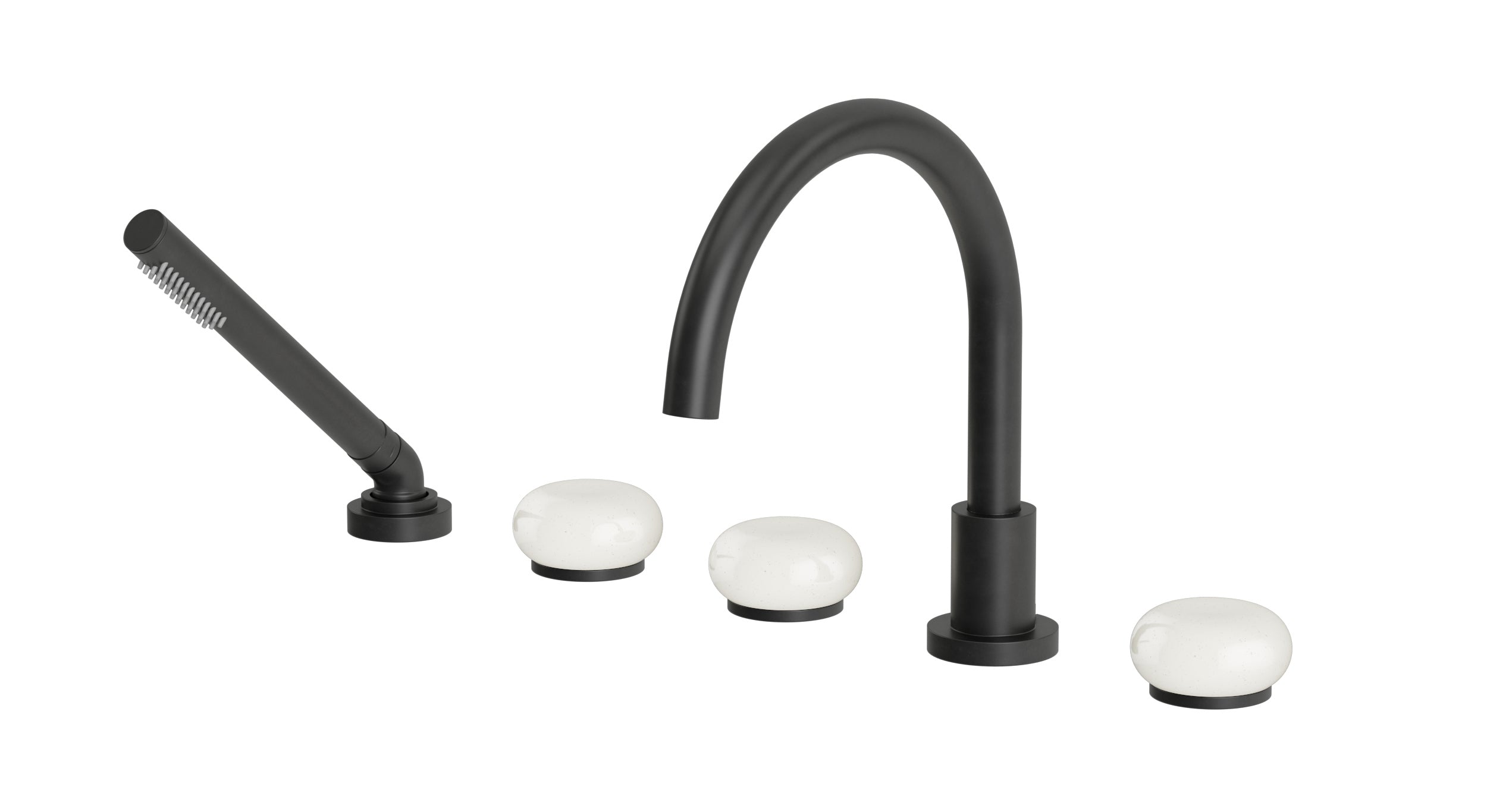 Foundry Three Handle Deck Mount Gooseneck Bath Trim with Hand Shower and Pebble Ceramic Knob Handles in Oil Rubbed Bronze