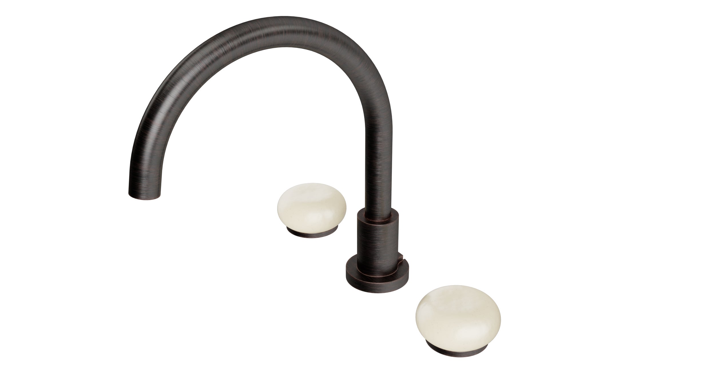 Foundry Two Handle Deck Mount Gooseneck Bath Trim with Pebble Ceramic Knob Handles in Antique Bronze