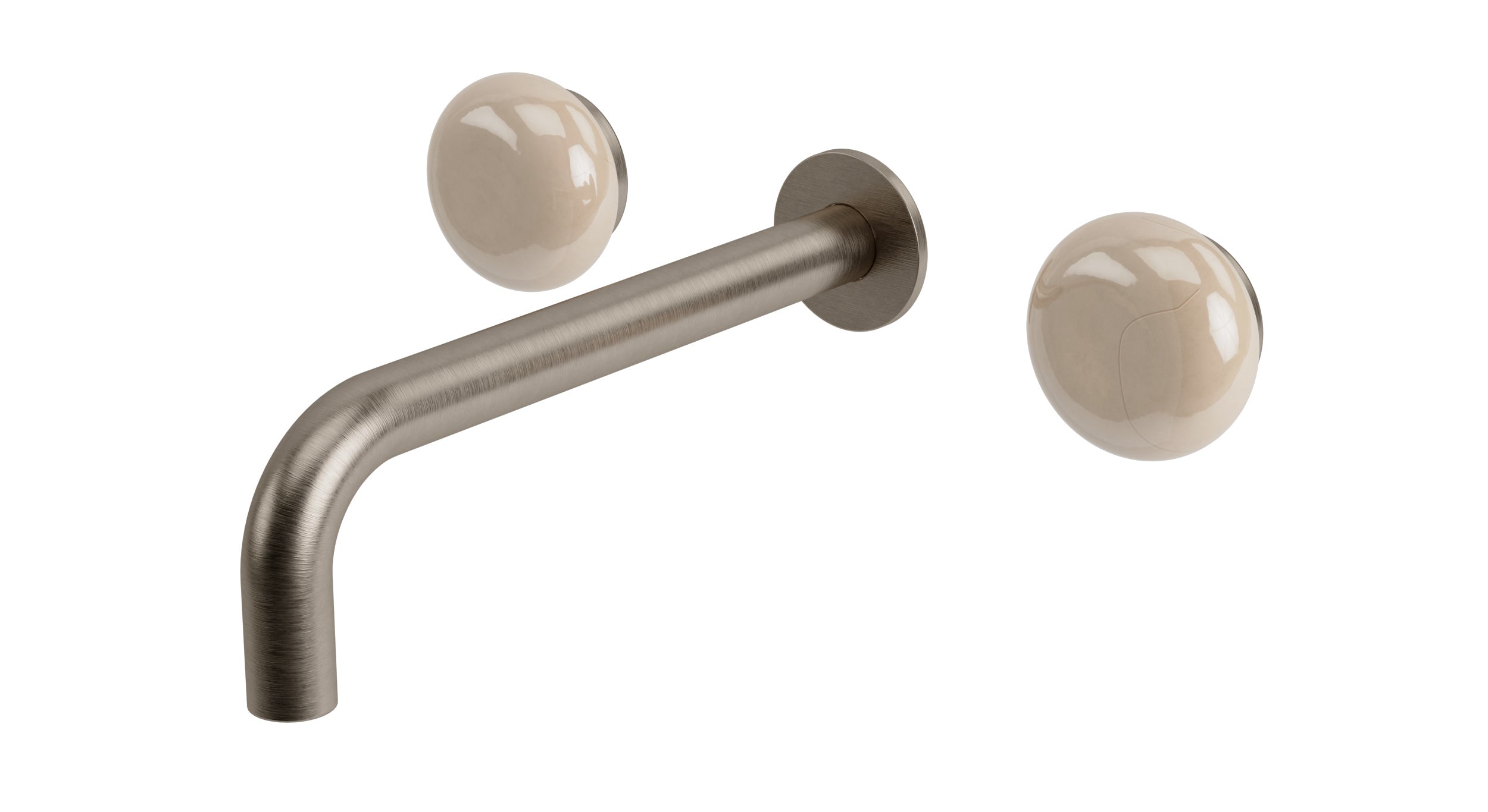 Foundry Two Handle Wall Mount 7.5" Lavatory Faucet with Pebble Ceramic Knob Handles in Antique Nickel