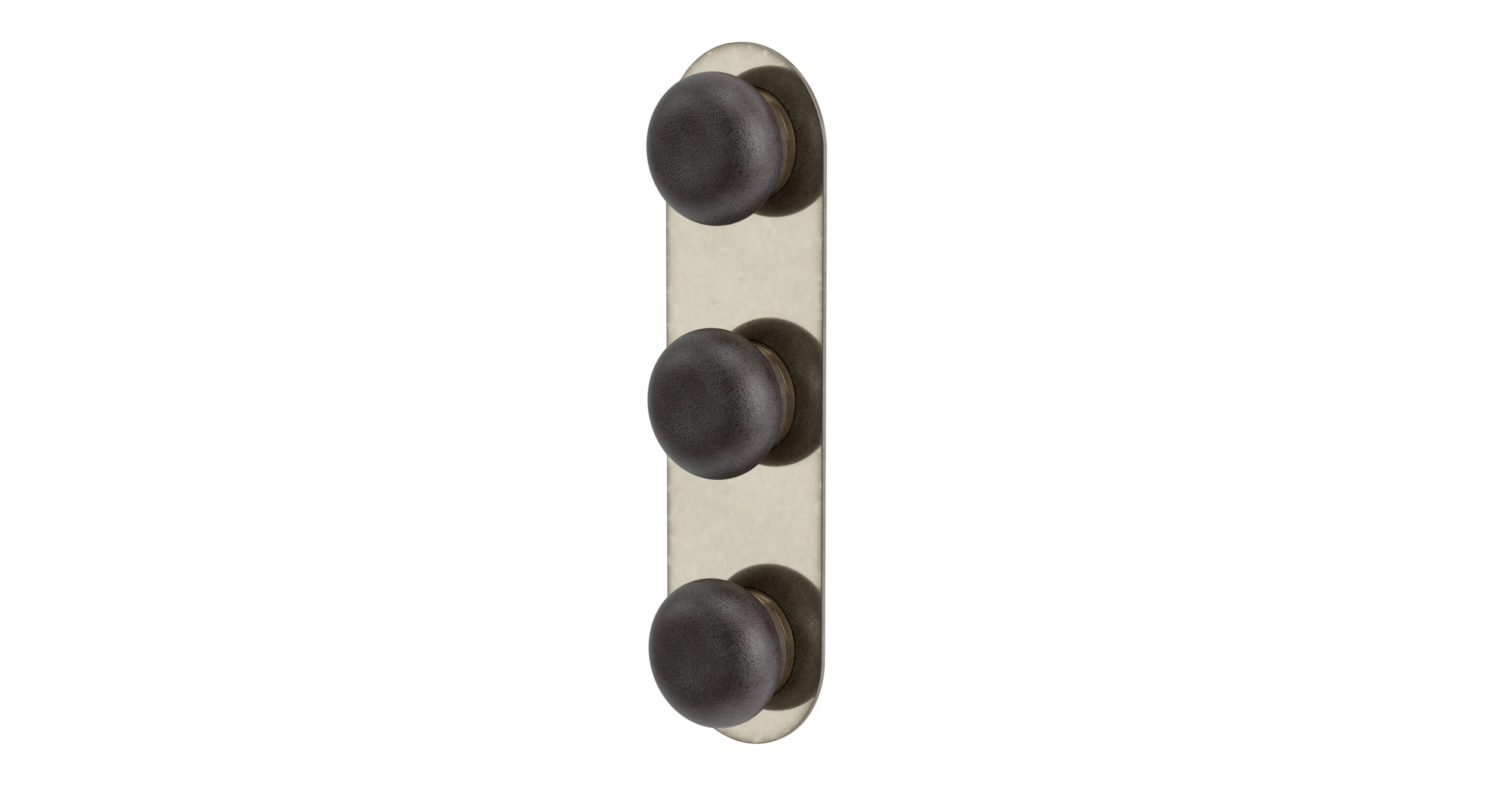 Foundry Three Handle Wall Mount Shower Trim with Pebble Ceramic Knob Handles in French Nickel