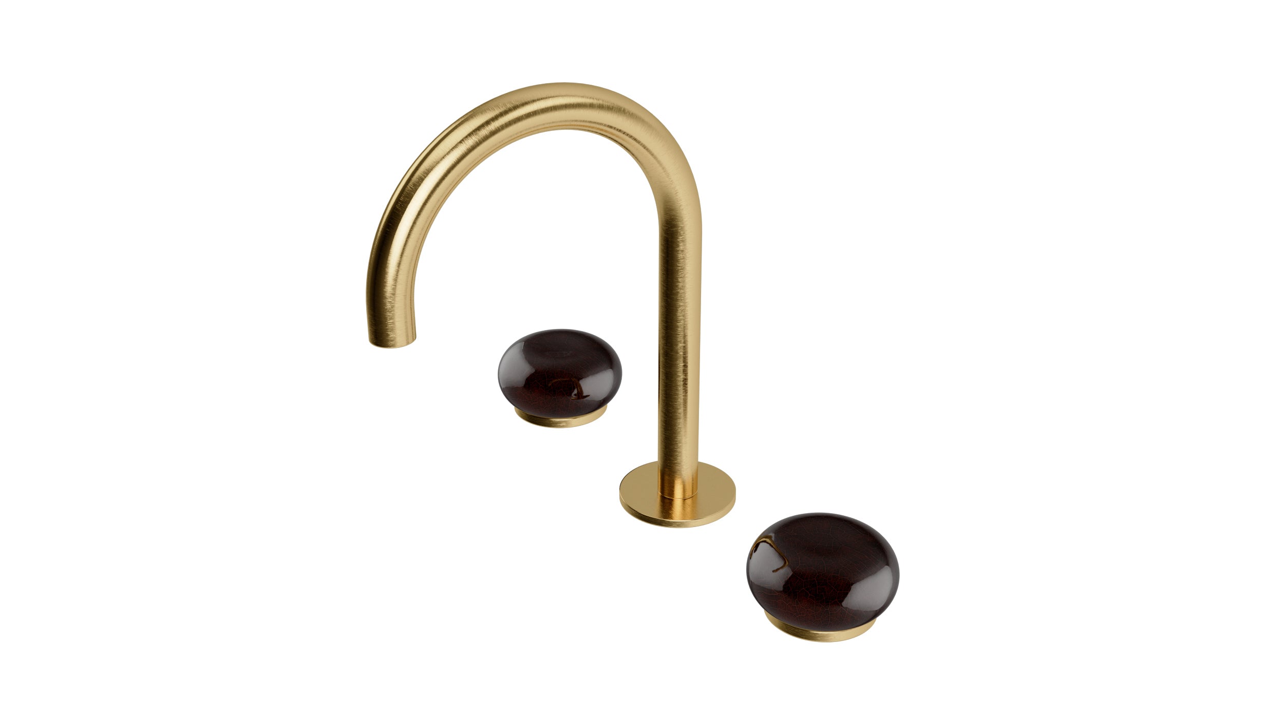 Foundry Two Handle Deck Mount Gooseneck Lavatory Faucet with Pebble Ceramic Knob Handles in Satin Brass