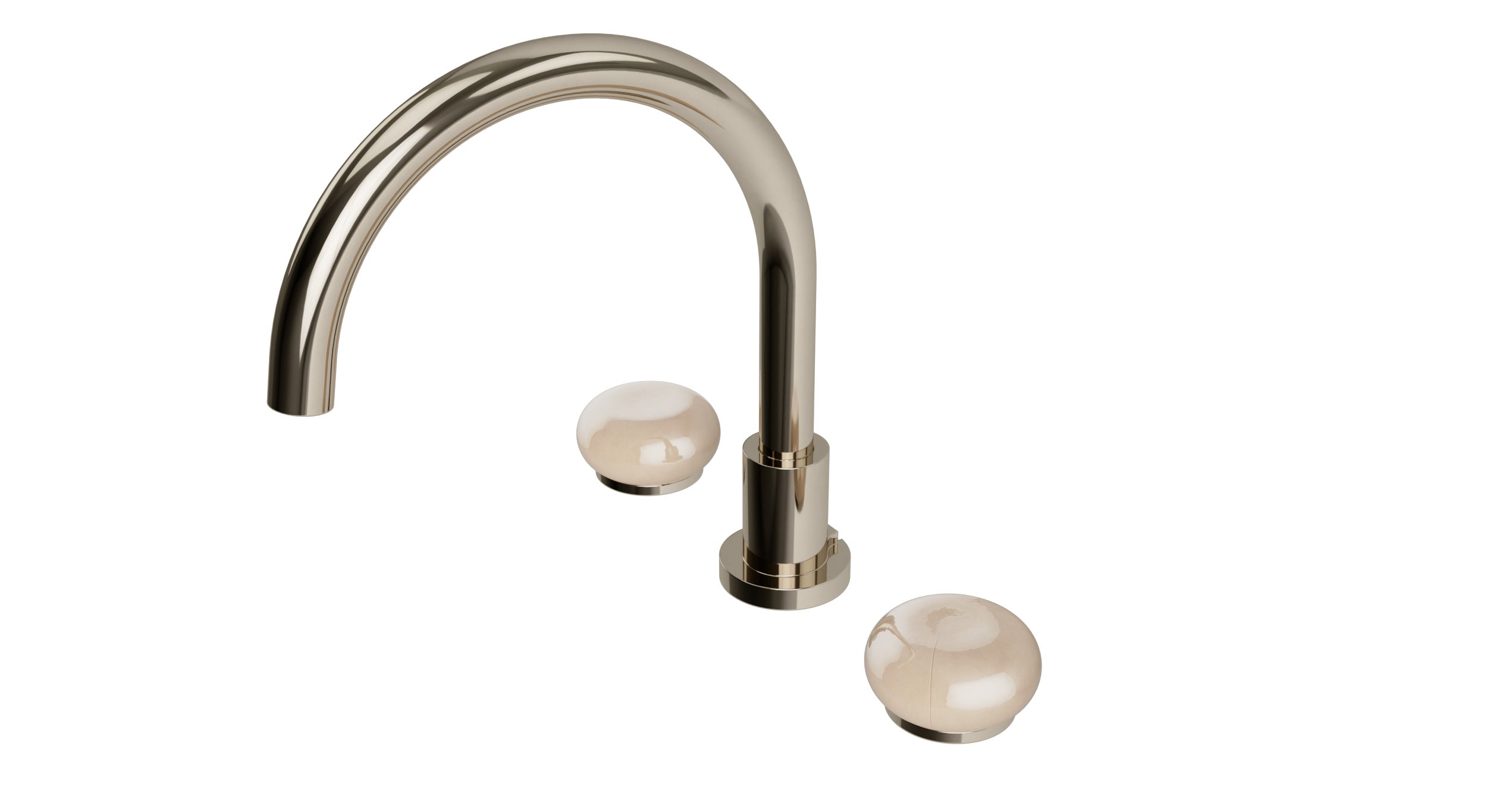 Foundry Two Handle Deck Mount Gooseneck Bath Trim with Pebble Ceramic Knob Handles in Polished Nickel